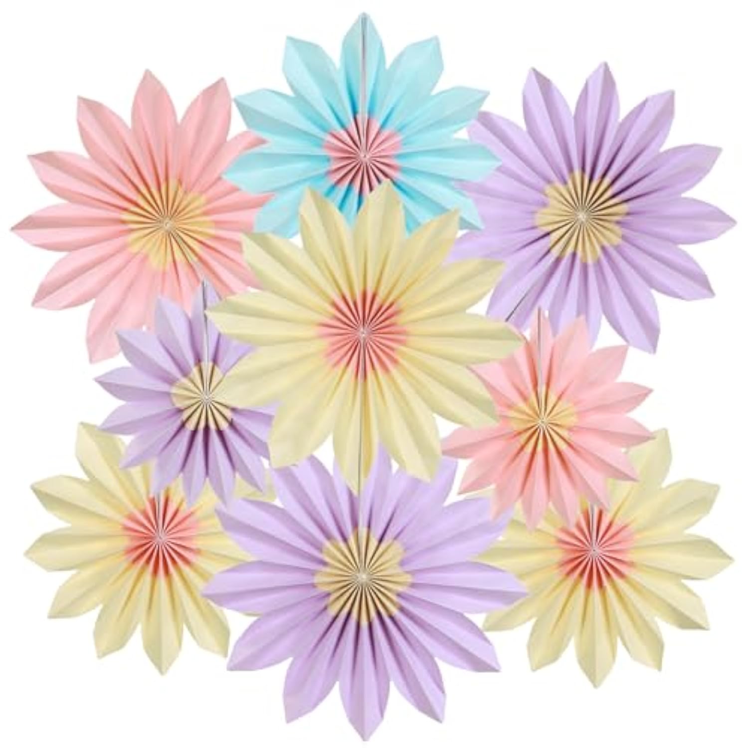 9 Pcs Pastel Paper Flower Decorations,Yellow,Pink And Purple Pastel Party Decorations,Sunflower Folding Paper Fans,Classroom Decoration Paper Floral Backdrop Decor Paper Fans Decoration
