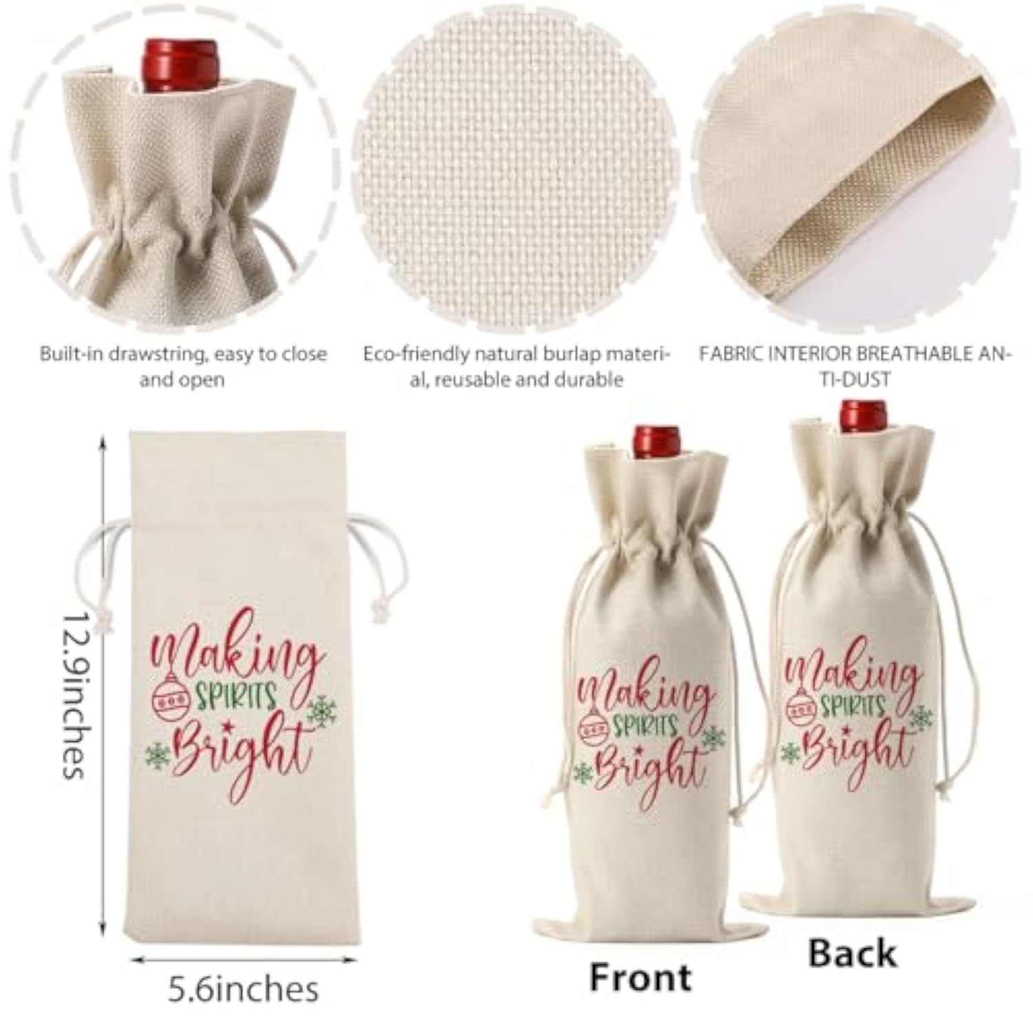 Christmas Wine Bags For Wine Bottles - Christmas Holiday Gifts For Women & Men - Making Spirits Bright Wine Bottle Bag