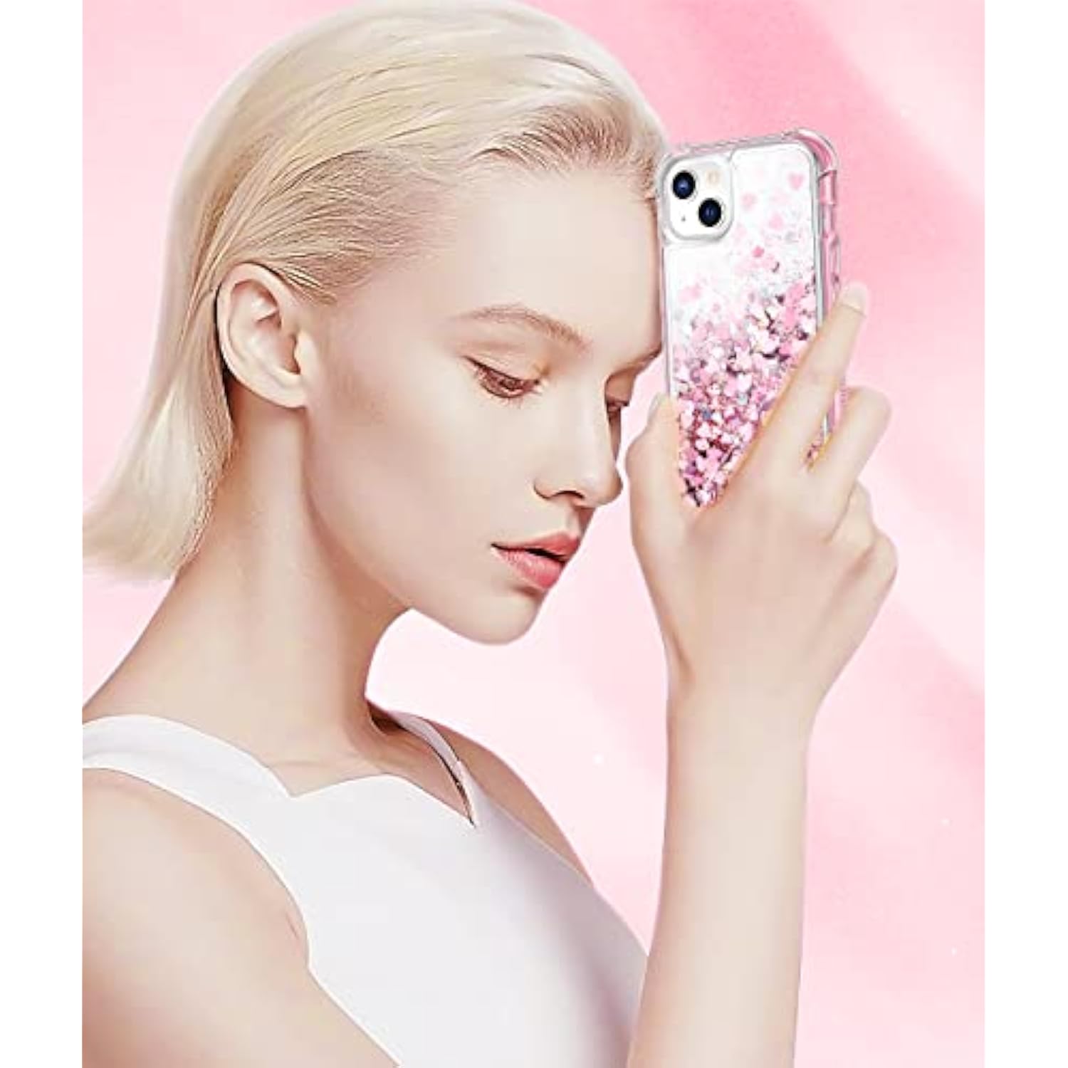 Glitter Case For 13 & 14 For Women Girls, Full Body Bling Sparkle Liquid Shockproof Protective Phone Cover With Built-In Screen Protector – Pink