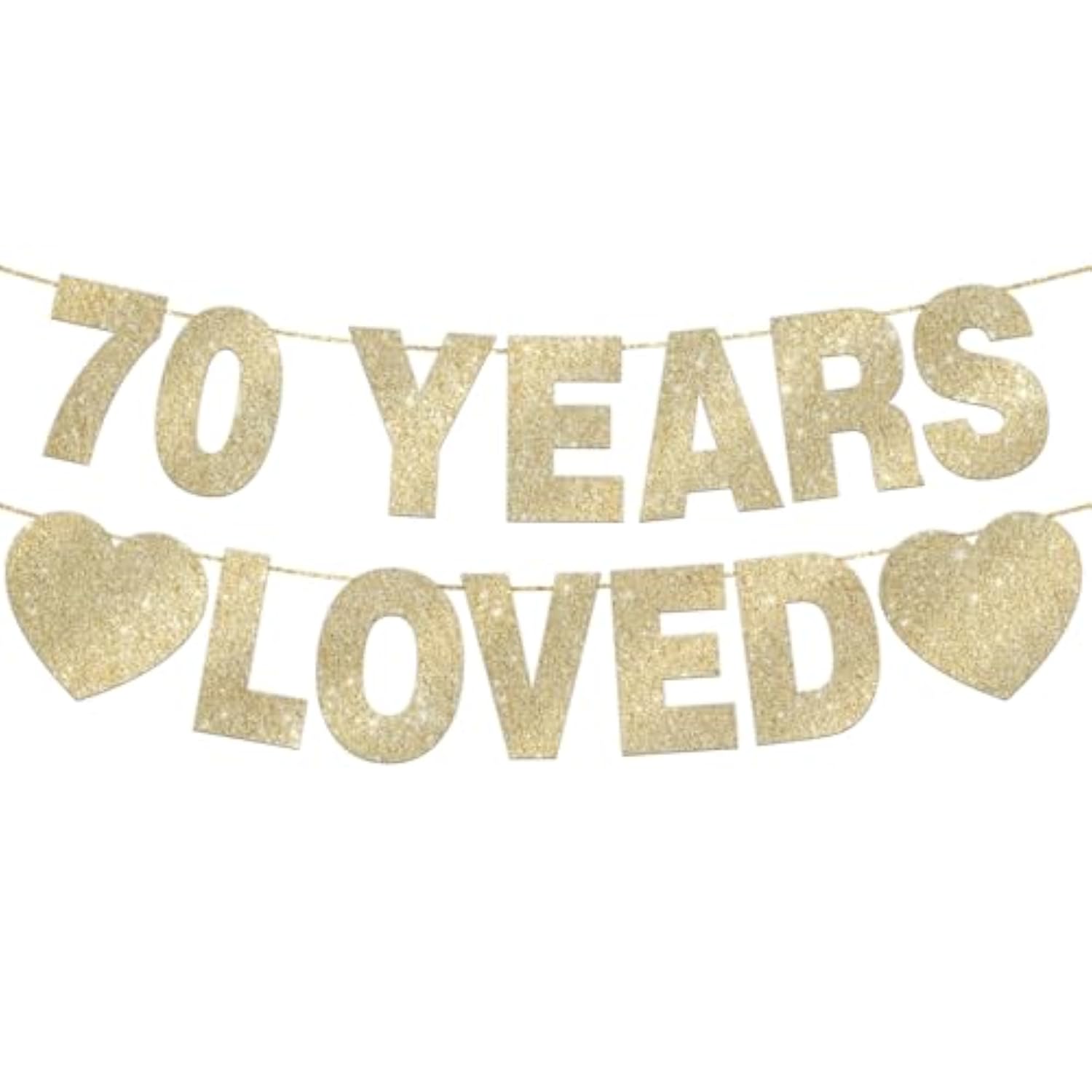 70 Years Loved Banner, Gold Glitter for 70th Birthday Decorations