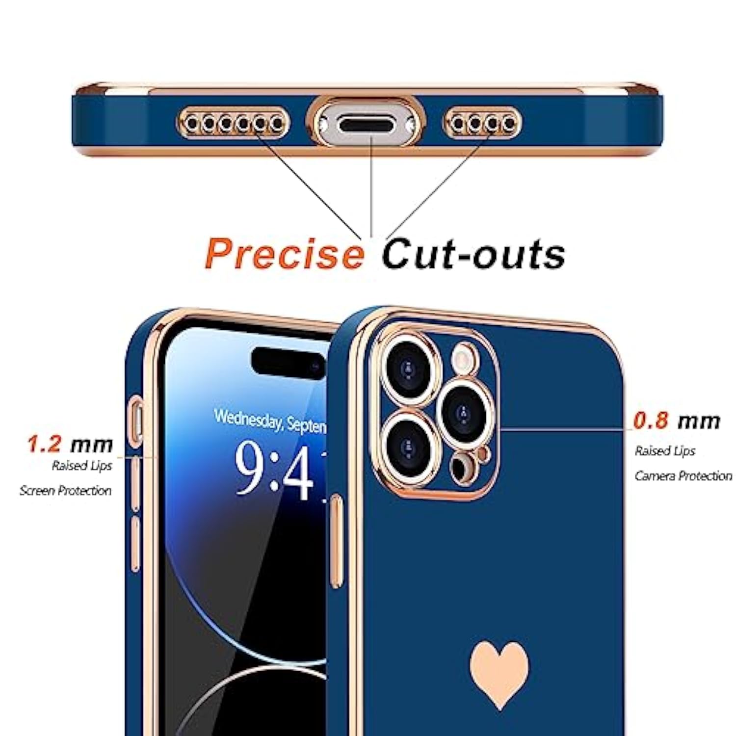 Compatible With Iphone 14 Pro Max Case For Girl Women Cute Love-Heart Luxury Bling Soft Cover Raised Camera Protection Bumper Silicone Shockproof Phone Case For Iphone 14 Pro Max, Royal Blue