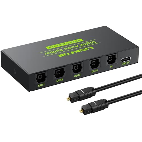 Digital Optical Audio 1x4 Splitter Digital SPDIF Toslink Optical Fiber Audio Splitter 1 in 4 Out Aluminum Alloy with Optical Cable for PS3 Blue-Ray