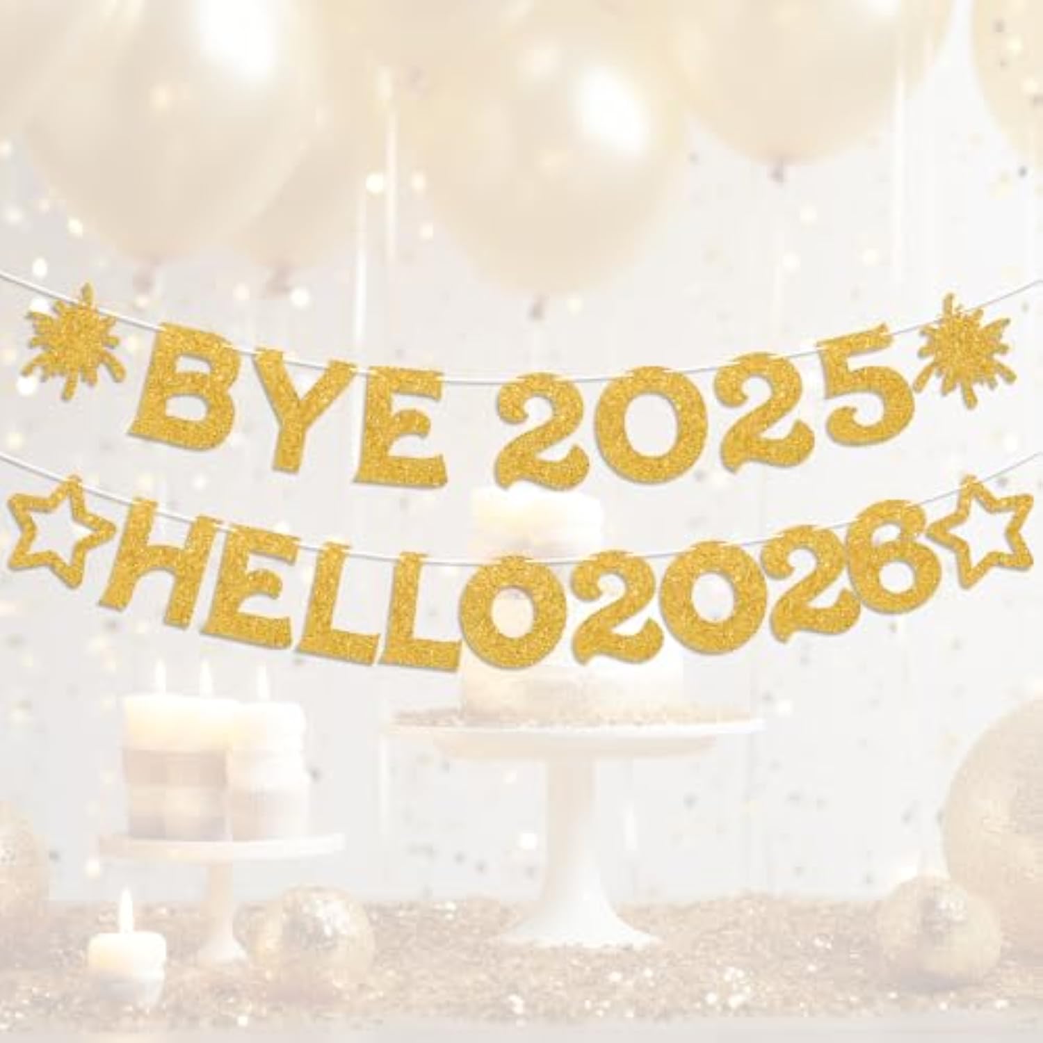 Bye 2025 Hello 2026 Sparkling Gold Happy New Year Banner Decorations