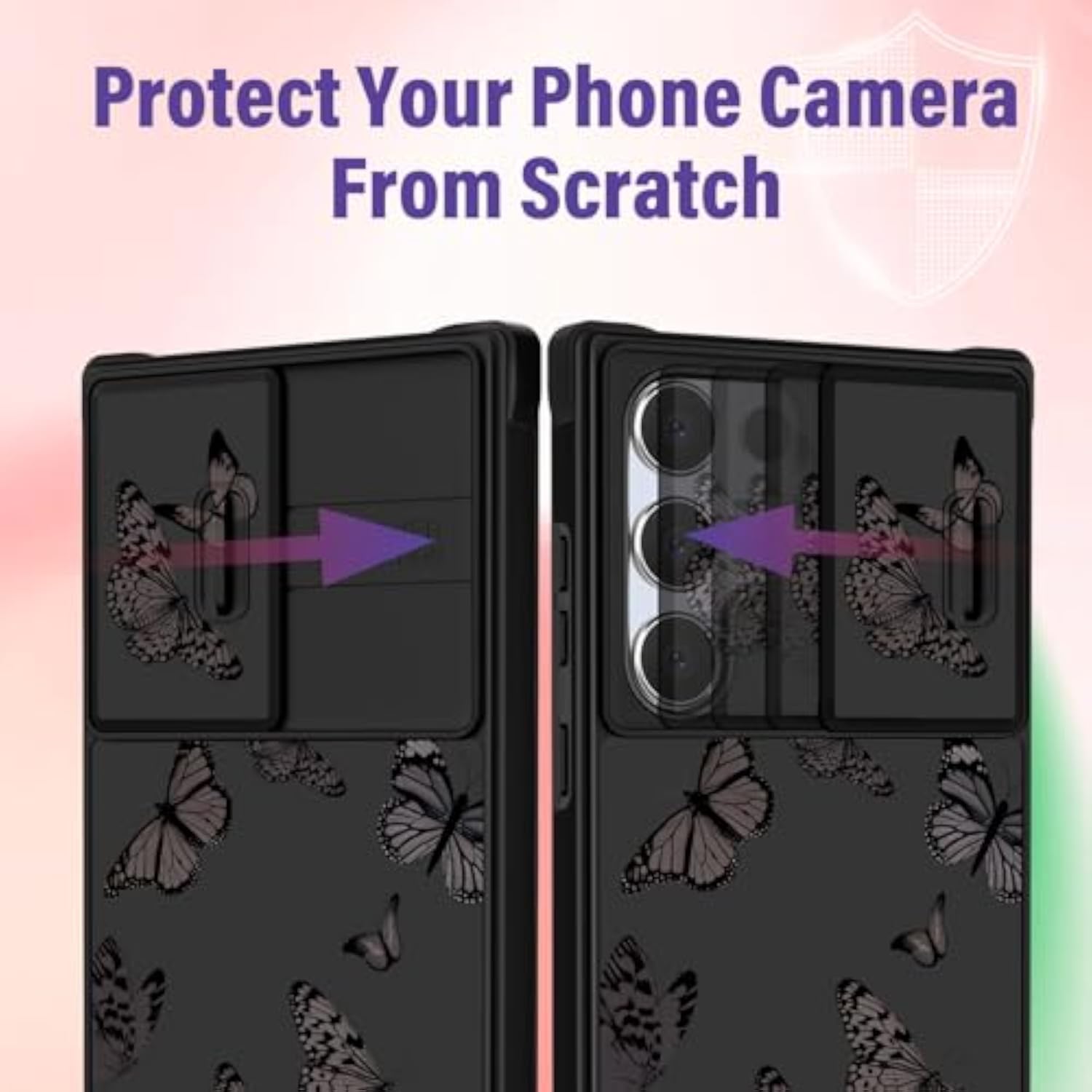 Samsung Galaxy S25 Ultra Case with Ring Stand, Black Butterfly Design, Cute Cartoon Style Phone Case