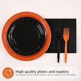 96Pcs Orange And Black Party Decorations Orange And Black Plates And Napkins Disposable Paper Tableware Set For Birthday Wedding Baby Shower Fall Harvest Halloween Party Supplies, Serves 24