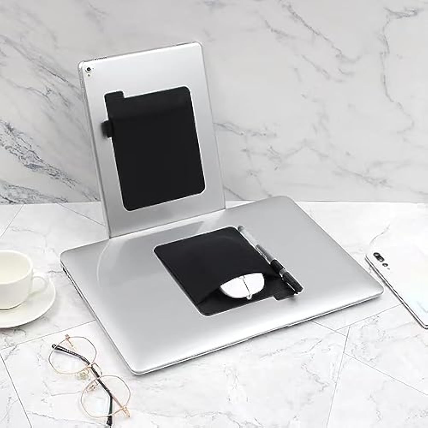 Universal Stick-On Mouse Pouch, Wireless Mouse And Pen Holder, Reusable Adhesive, No Glue Residue, Compatible With Battery Pack(Black)