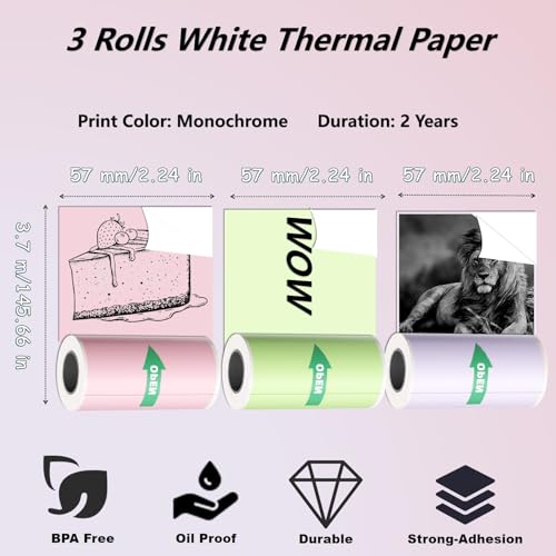53Mm X 3.5M Pink/Green/Purple Adhesive Thermal Sticker Paper 3 Rolls, Mini Thermal Printer Paper, Compatible With Lx-D2, For Notes, List, Stickers, Printing Black & White Photos