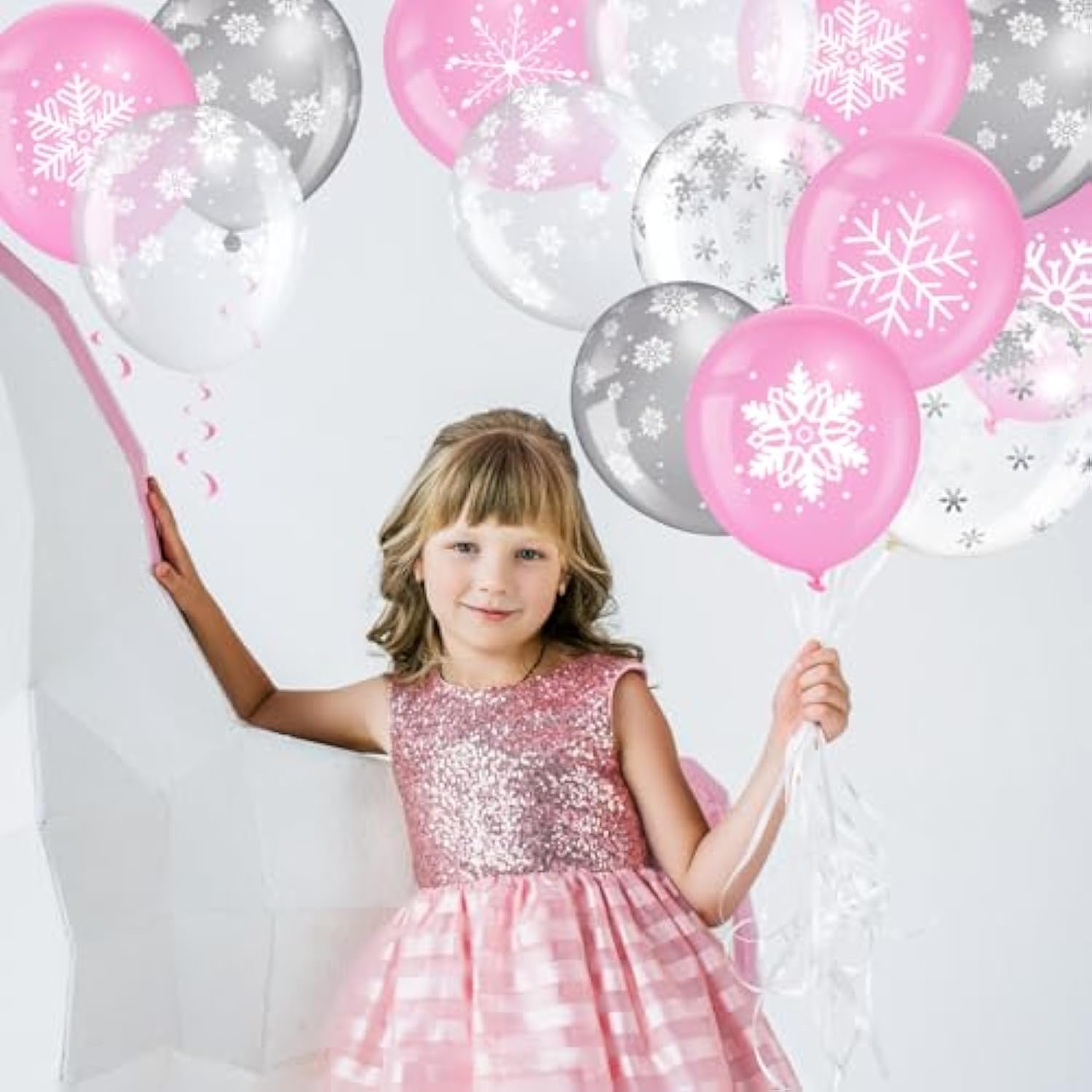 50 Pcs Winter Snowflakes Balloons Clear 12 Inch Transparent Snowflakes Latex Balloons For Birthday Wedding Winter Wonderland Shower New Year Party Decorations(Christmas,Pink Gray Clear)