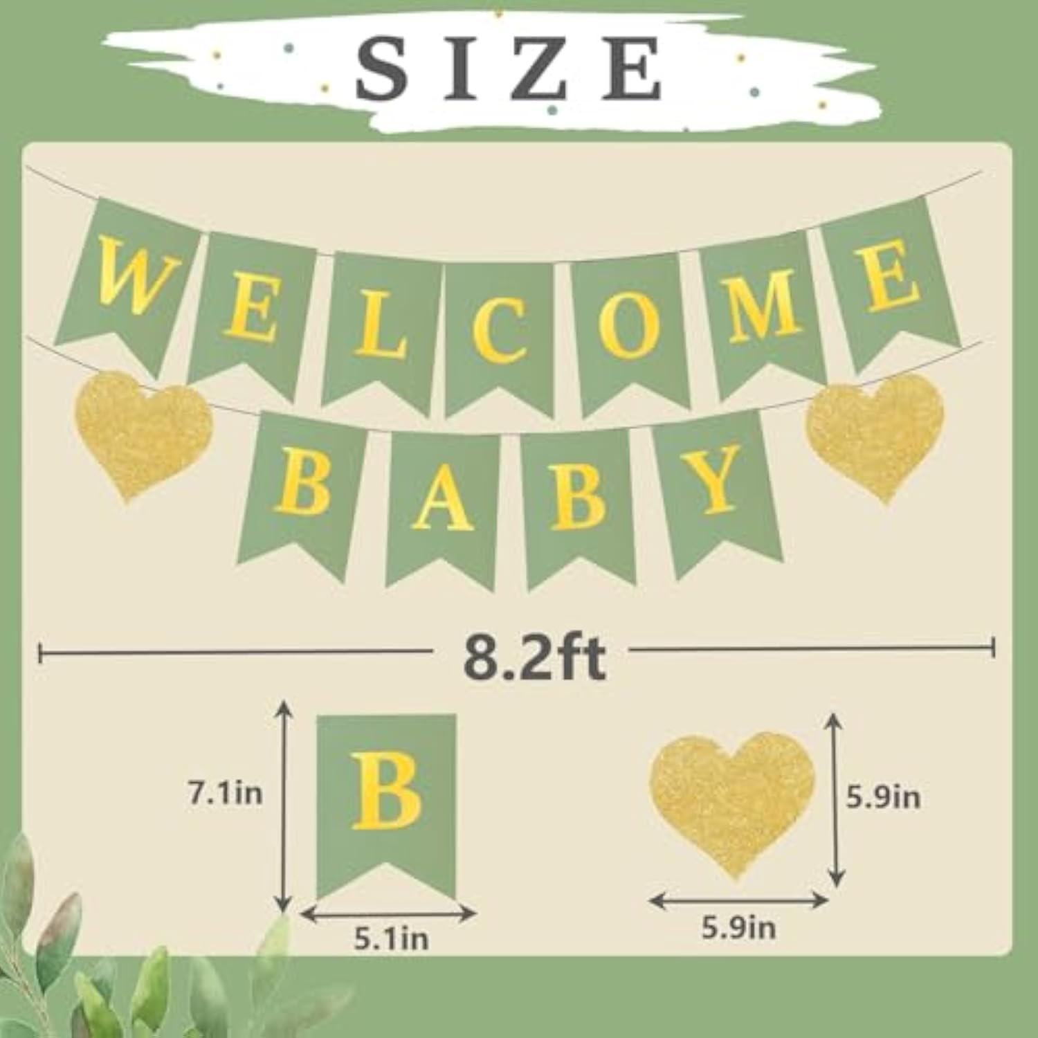 Sage Green Baby Shower Decorations Kit Welcome Baby, Gold Pennant & Bodysuit Banner