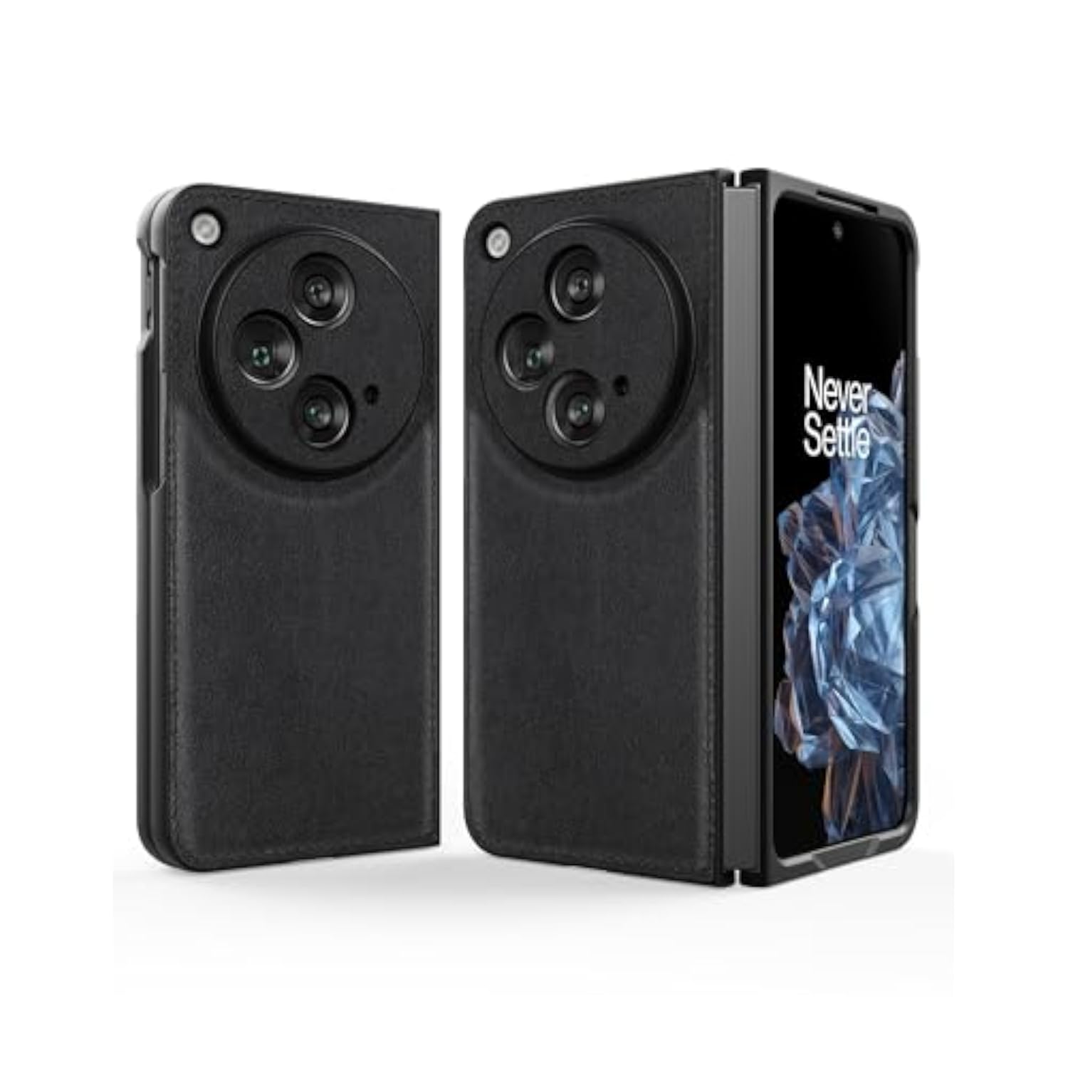 OnePlus Open Genuine Leather and Hard Polycarbonate Bumper Phone Case - Black