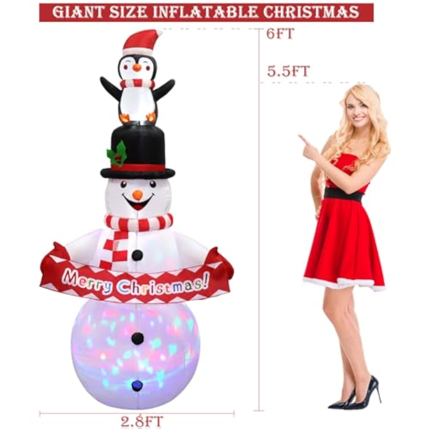6Ft Christmas Inflatable Snowman Decorations, Blow Up Snowman Penguins With Build-In Rotating Colorful Led Lights Outdoo