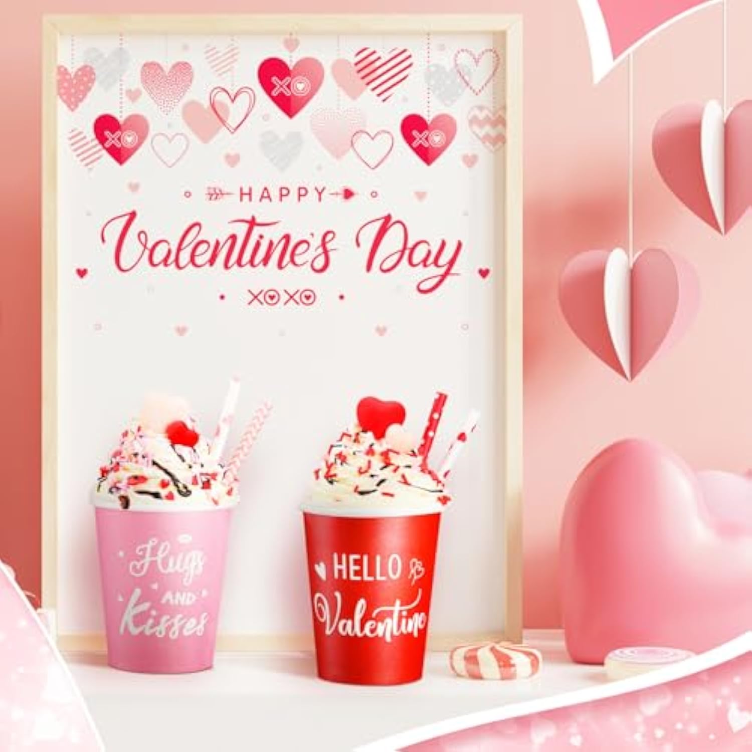 2 Pack Valentine'S Day Tiered Tray Decor Valentine Table Decorations With Faux Whipped Cream Cups Heart Tabletop Centerpiece Gift For Desk Home Office Shelves Anniversary Wedding Decoration
