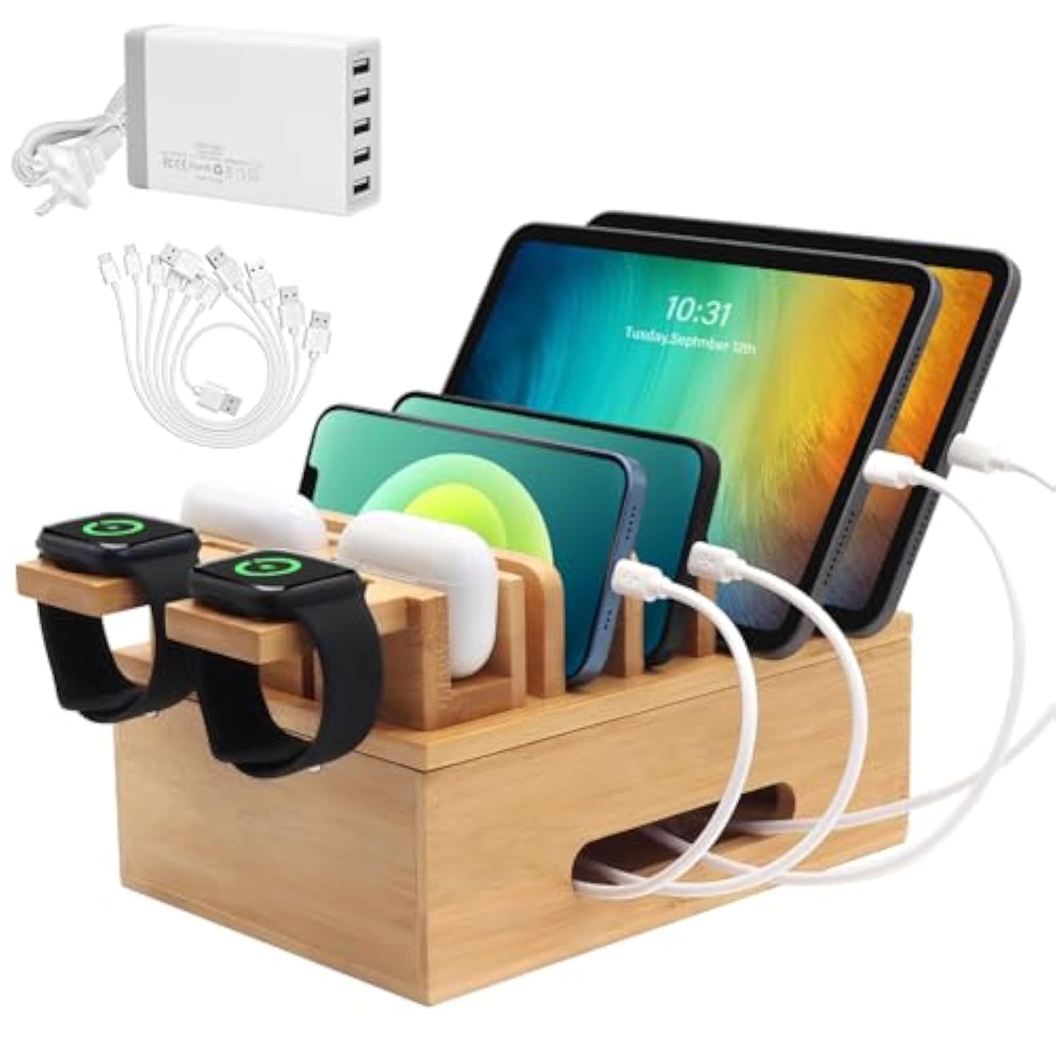 Bamboo Charging Stations For Multi Devices With 5 Port Usb Charger, 6 Cables, Desktop Wood Docking Station Charger Organizer For Cell Phones, Tablets,Earphone, Watches
