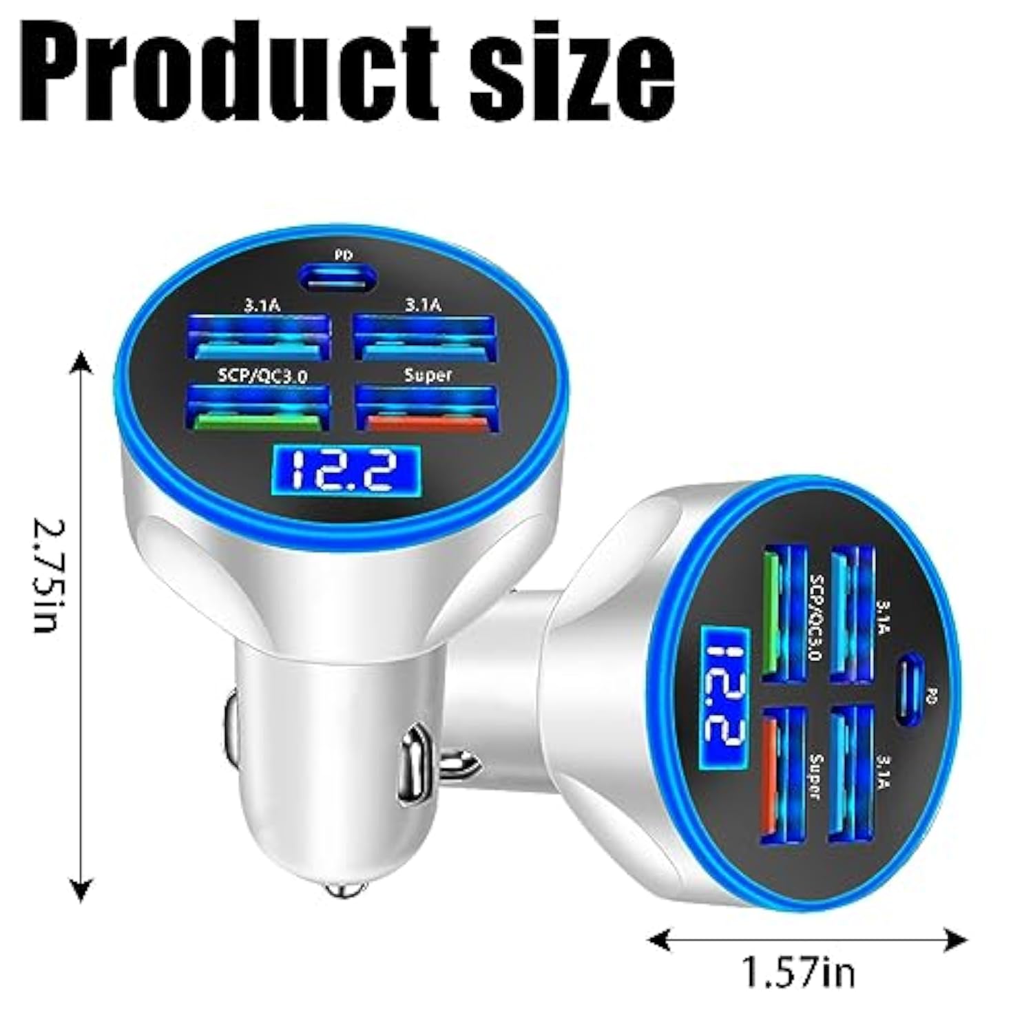 5 Port Usb Car Charger, 250W Super Fast Charging Cigarette Lighter Adapter With Led Voltage Monitor, 4Usb+Type C Multi Port Car Accessories Interior Compatible With Most Smart Phone (White)
