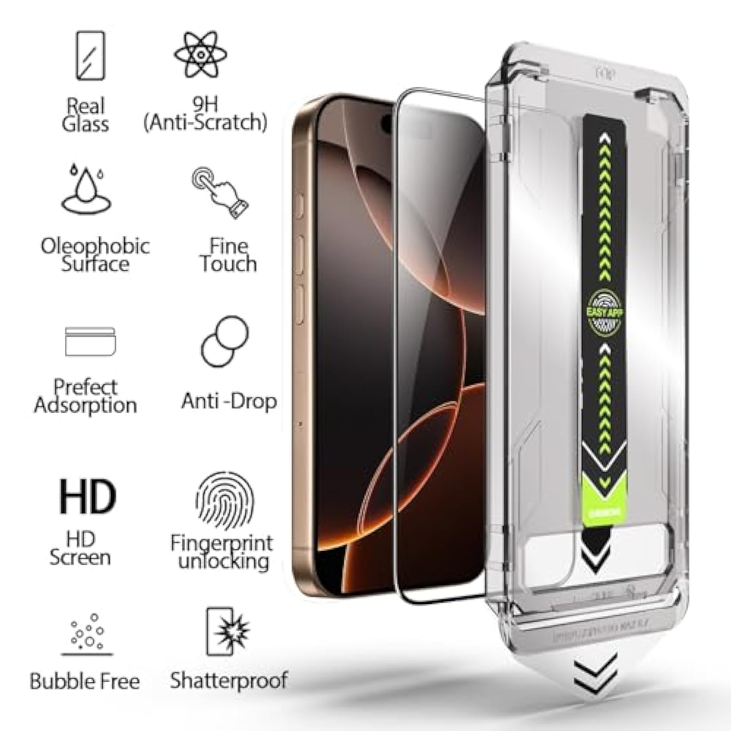 [2+1+2 Pack For Iphone 16 Pro Screen Protector With Camera Lens Protector, [Military Grade Shatterproof], Top 9H Tempered Glass, Full Edge Coverage, With Dust Free Easy Installation Tool