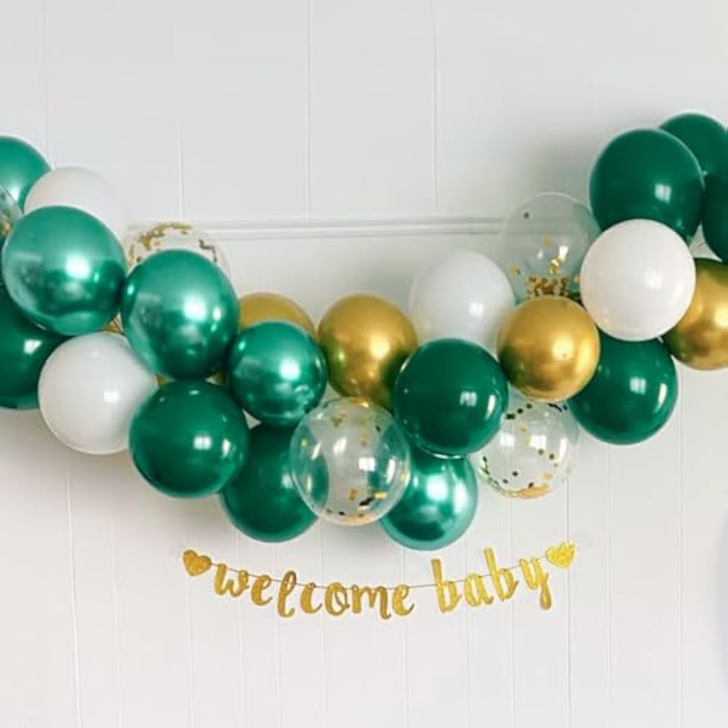 60pcs 12in Metallic Green Gold White Latex Balloons with Ribbons Party