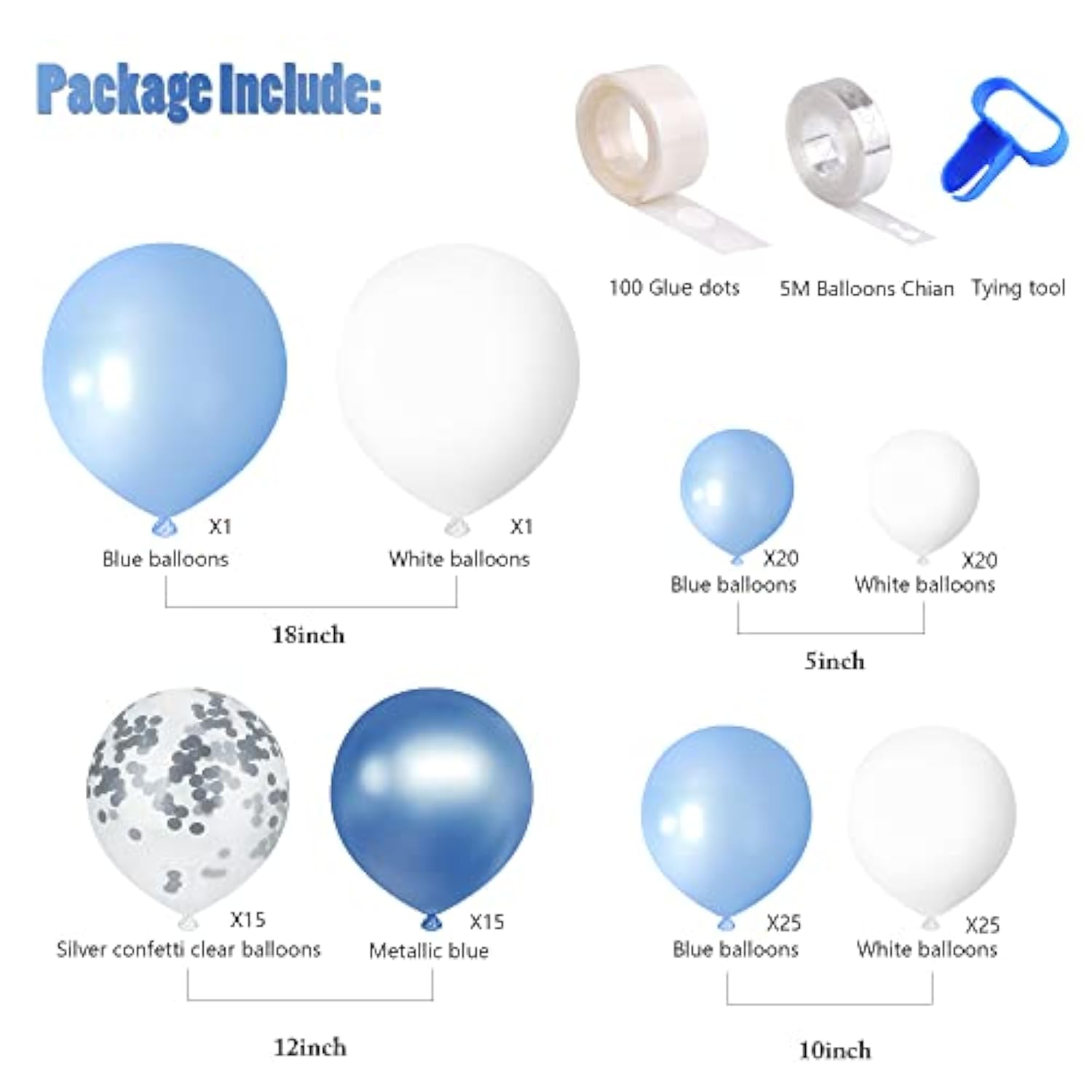122pcs Blue Balloon Garland Kit – Metallic Blue, White & Silver Confetti Balloons for Parties