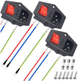 3Pcs Ac 10A 250V Rocker Switch Power Socket Inlet Module Plug, 3 Pin Iec320 C14 Male Power Switch With 6Pcs Mounting Screws,9Pcs 18 Awg Extension Cord,3Pcs Fuse