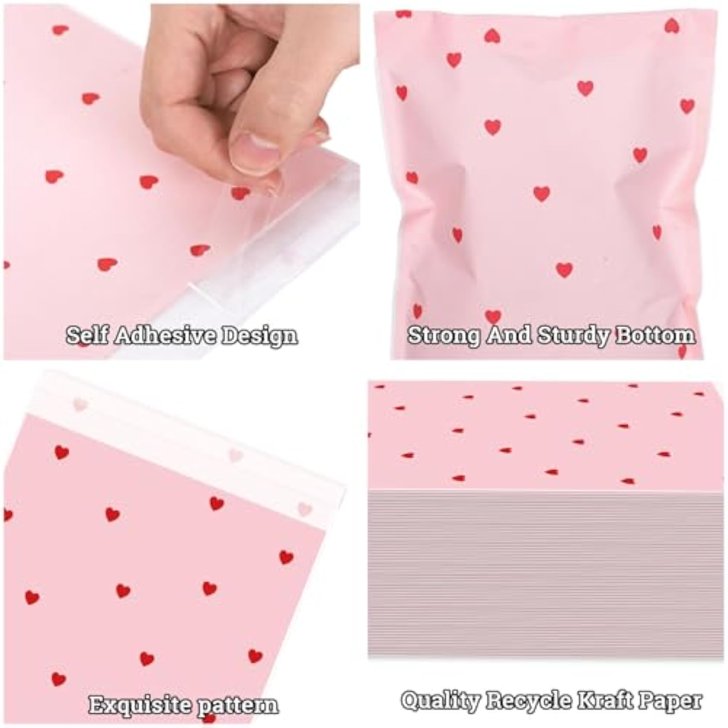 100Pcs Valentine Treat Bags Red Pink Self-Adhesive Paper Gift Bags Cute Heart Prints Goodies Candy Buffet Bags Holiday Cookie Bag For Wedding Mother'S Day Party Supplies