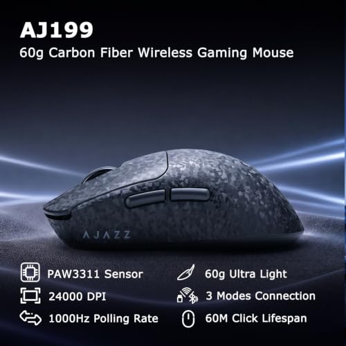 Ajazz Aj199 Wireless Gaming Mouse, Carbon Fiber Shell, Tri-Mode 2.4G/Bluetooth/Usb-C, 58G Ultra-Lightweight, Paw3311 Sensor Up To 24000 Dpi, 500Mah Battery For Pc/Mac/Game/Travel, Black