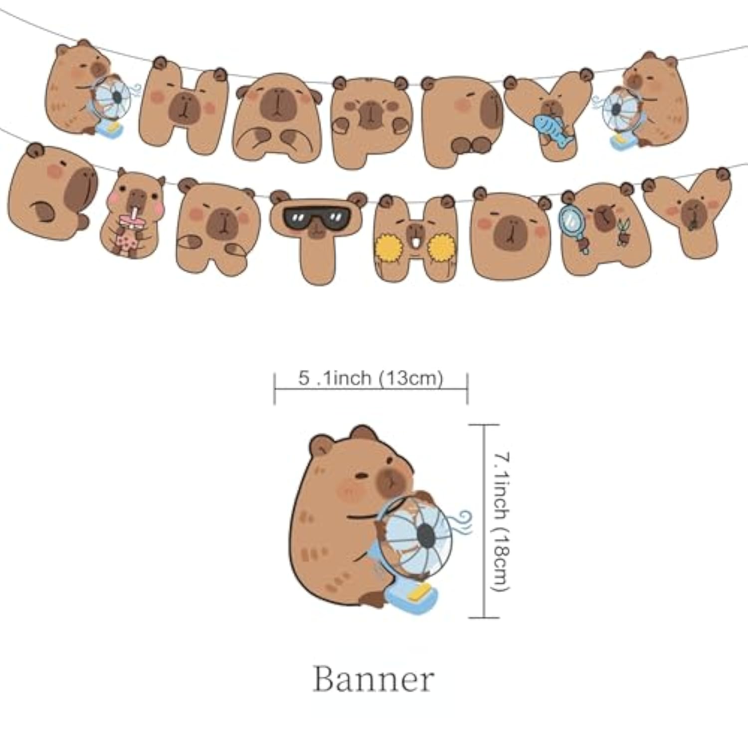 Capybara Birthday Decor Set with Banner, Swirls, Toppers and Balloons