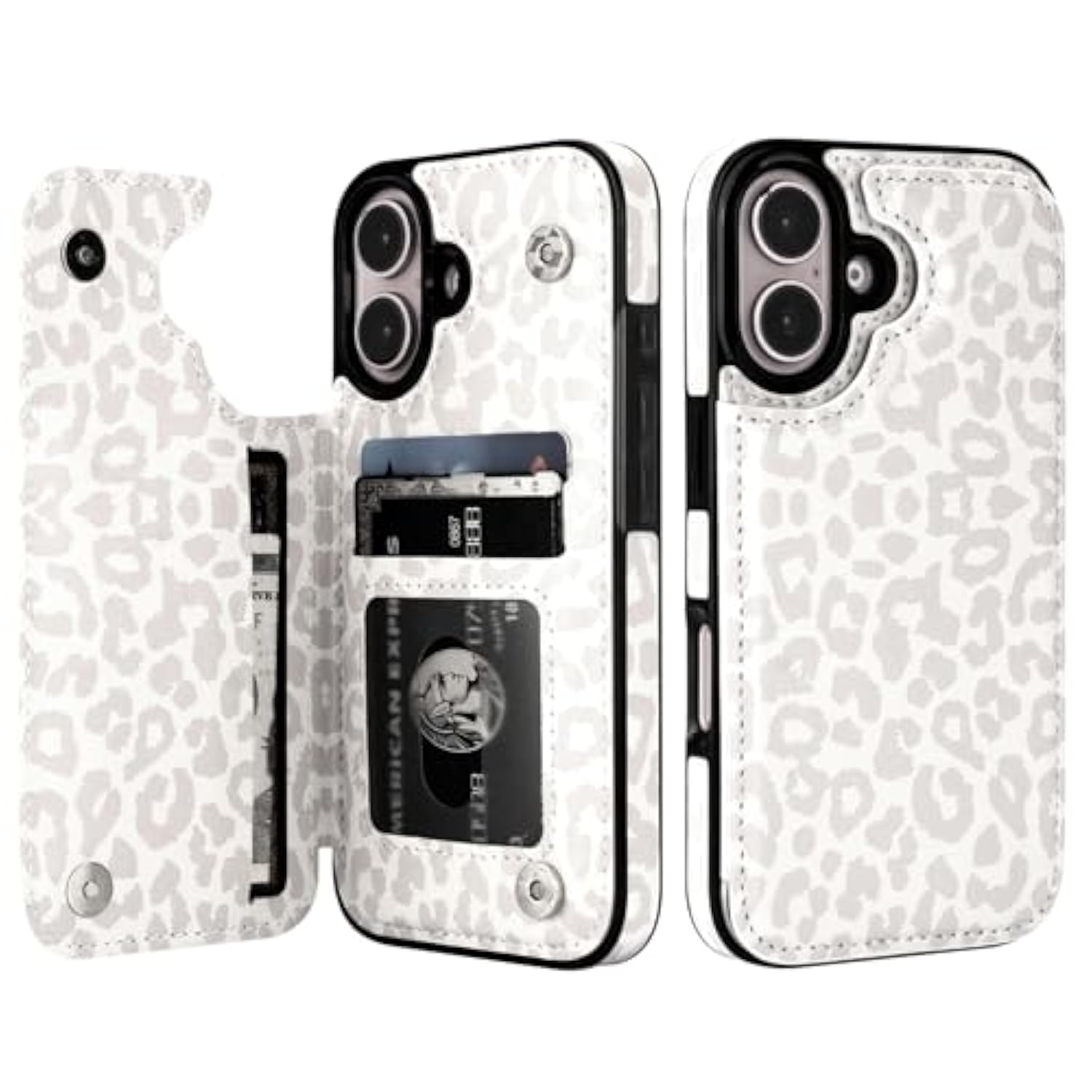 iPhone 16 Wallet Case, White Leopard PU Leather, Kickstand, Card Slots, Shockproof