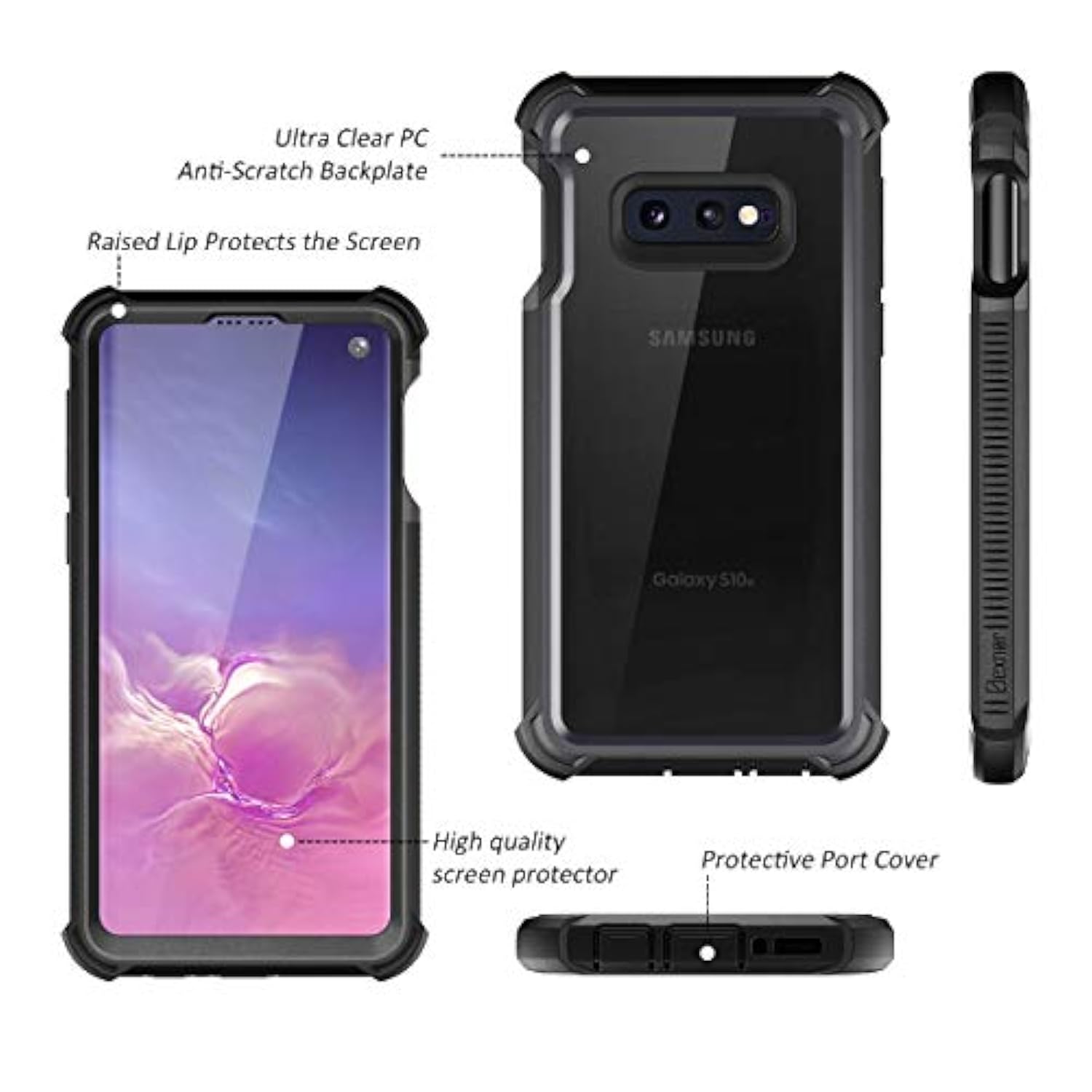 Galaxy S10E Case With Built-In Screen Protector Clear Rugged Full Body Protective Shockproof Hard Back Defender Dual Layer Heavy Duty Bumper Cover Case For Samsung Galaxy S10E - Black