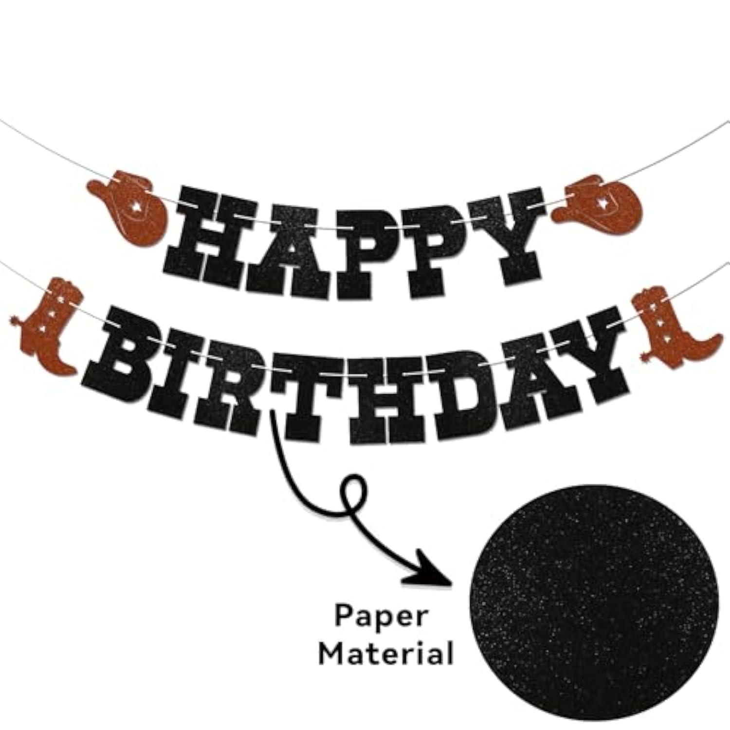 Cowboy Happy Birthday Banner - Western Birthday Party Sign For Cowboy Cowgirl, Horse Racing Party Decor, Rodeo Theme Birthday Decorations Black & Brown Glitter