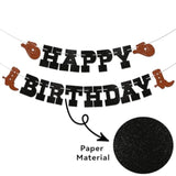 Cowboy Happy Birthday Banner - Western Birthday Party Sign For Cowboy Cowgirl, Horse Racing Party Decor, Rodeo Theme Birthday Decorations Black & Brown Glitter