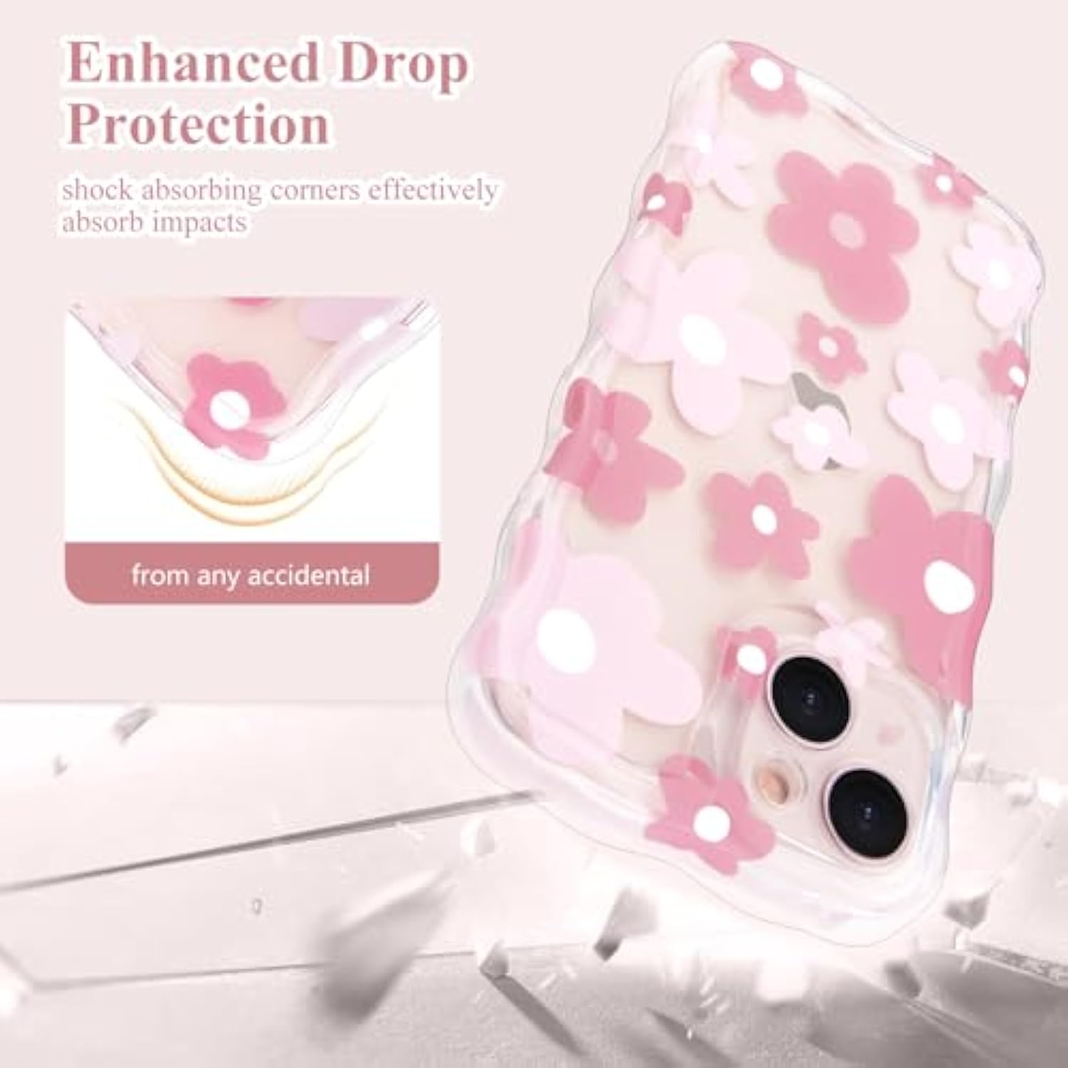 For Iphone 14 Case, Cute Flower Girls Women Soft Case Silicone Shockproof Curly Wave Wavy Edge Full Camera Protection Cover Pretty Thin Floral Leaf Pattern Phone Case For Iphone 14, Pink