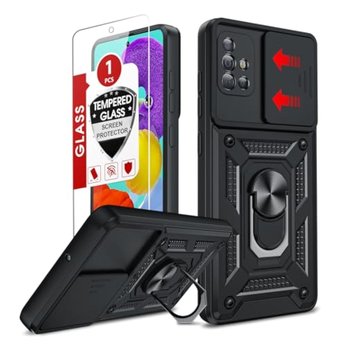 For Samsung Galaxy A51-Phone Case 4G (Not Fit 5G): Samsung A51 Phone Case With Slide Camera Cover+Glass Screen Protector, Military-Grade Cell Cover With Metal Ring Stand Samsung A 51 4G, Black