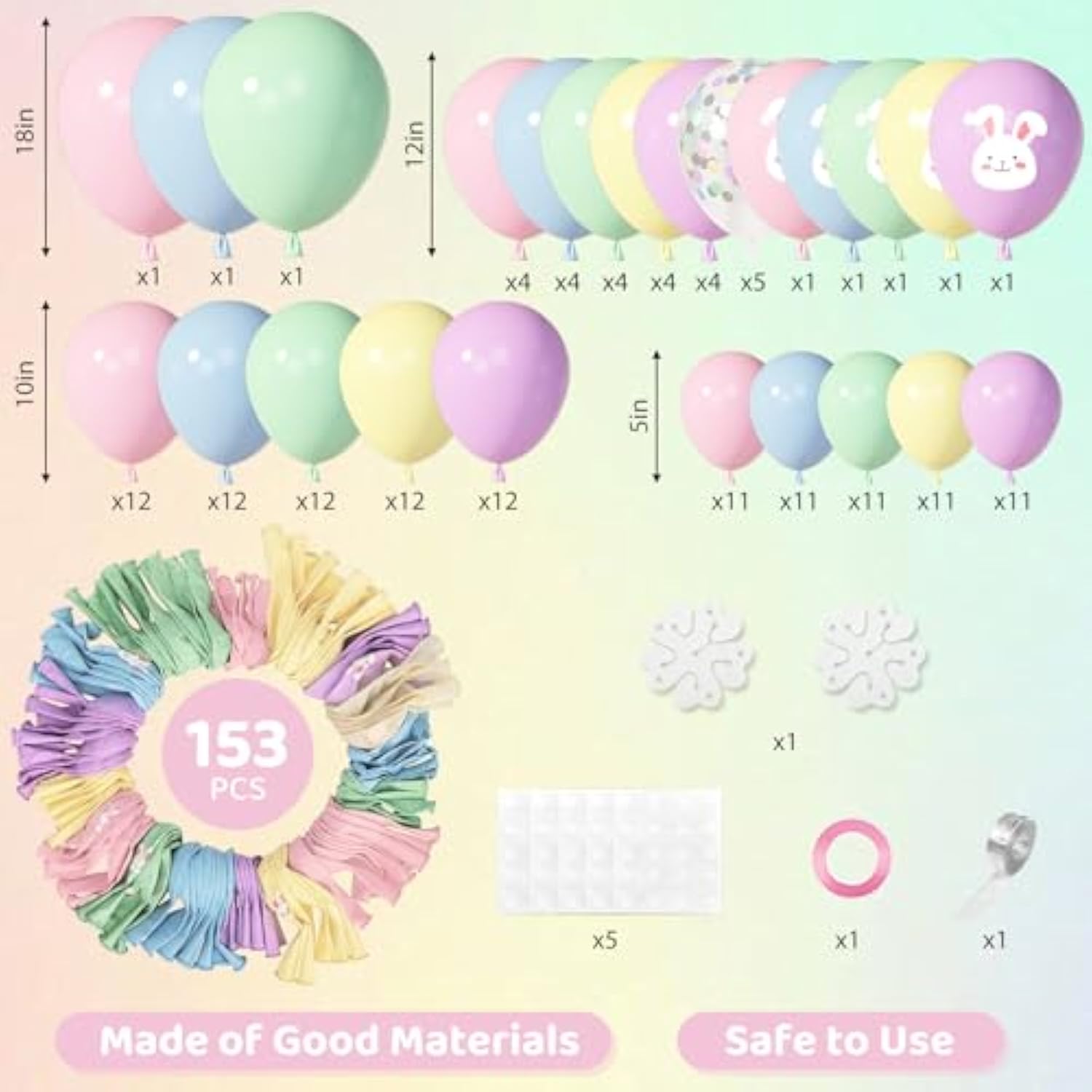 153Pcs Easter Balloon Arch Garland Kit, Different Sizes 18 12 10 5 Inch Pink Blue Green Latex Rabbit Print Confetti Pastel Balloons For Spring Wedding Rainbow Birthday Party Decorations