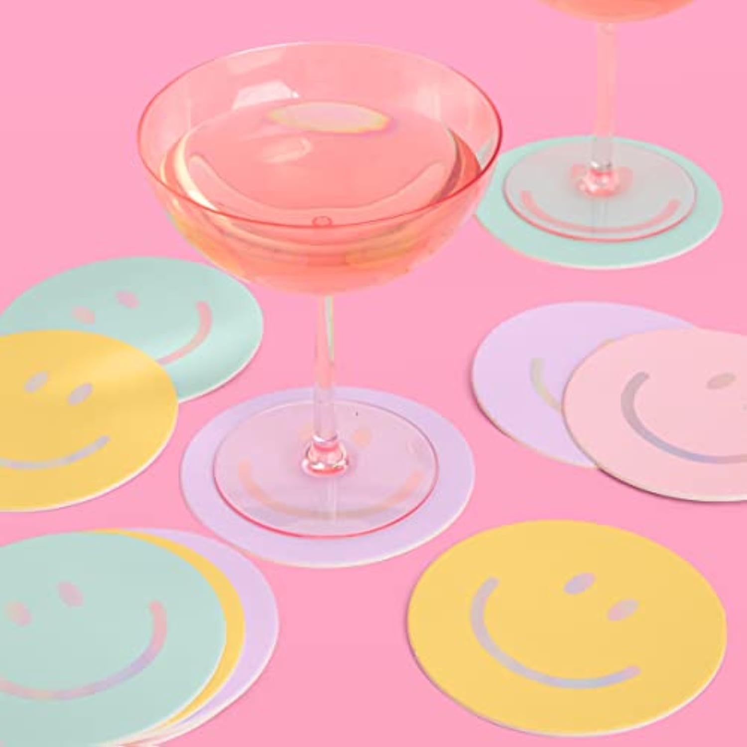 Smile Pastel Party Drink Coasters - 16 Pcs - Iridescent Foil | Happy Pastel Birthday Party Decorations, Cute Bachelorette Party, Cool Cocktail Disposable Coaster