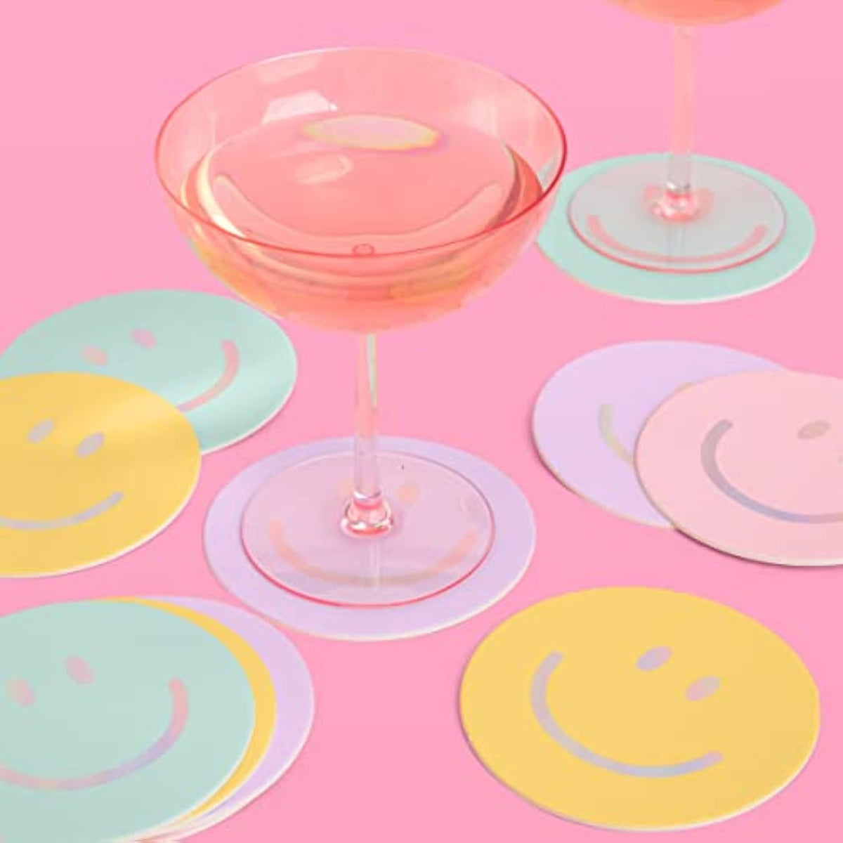Smile Pastel Party Drink Coasters - 16 Pcs - Iridescent Foil | Happy Pastel Birthday Party Decorations, Cute Bachelorette Party, Cool Cocktail Disposable Coaster