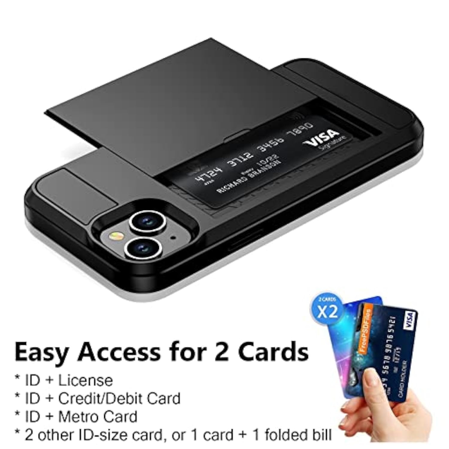 Compatible With Iphone 15 Case With Card Holder, Dual Layer Shockproof Wallet Phone Case, Hidden Card Slot Sliding Protective Hard Shell Back Cover Slim Case For Iphone 15, 6.1 Inch Black