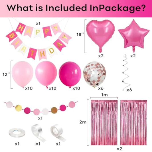 Pink Birthday Decorations For Girls, Hot Light Pink Balloon Garland Arch Kit Happy Birthday Banner Foil Curtain Heart Star Foil Party Balloons For Princess Party Decor