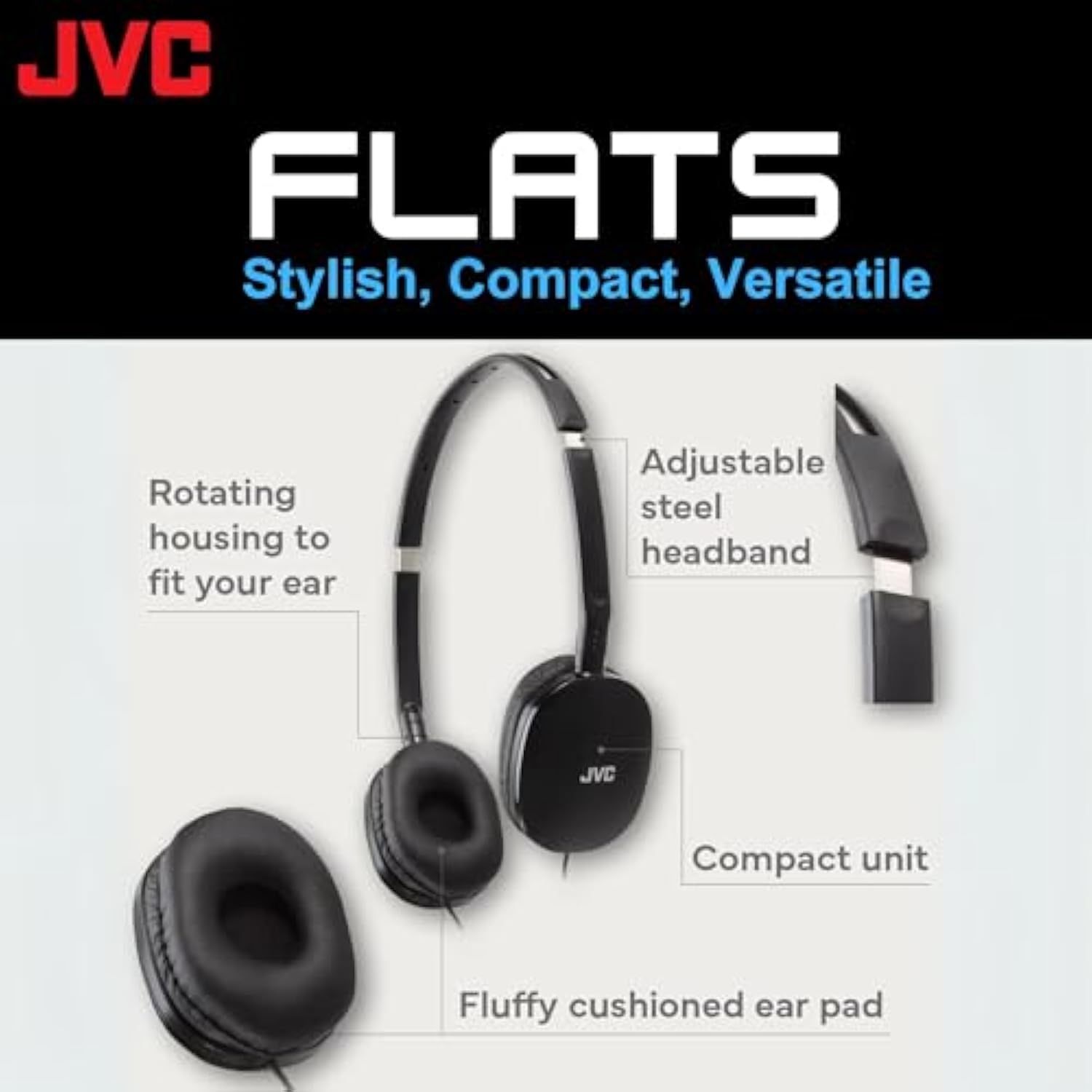 JVC Flats On-Ear Wired Headphones - Flat Foldable Design - 30mm Driver for Powerful Sound - Soft Ear-Pads for Comfort – Steel Headband - Lightweight & Portable - PC/Laptop/Gaming - 3.5mm Slim Plug