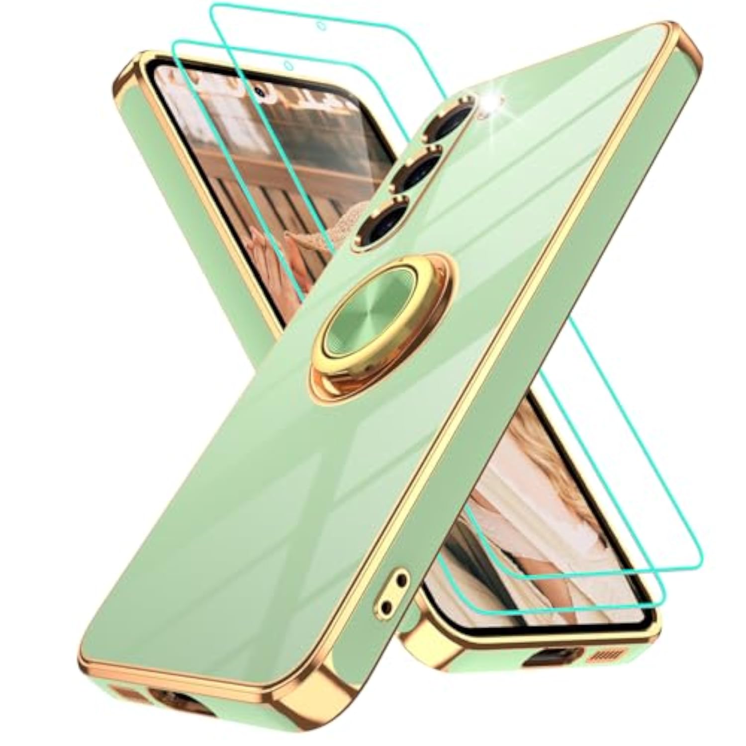 Samsung Galaxy S23 Plus Case with 2Pcs Screen Protector, 360° Rotation Ring Holder Magnetic Kickstand, Plating Gold Edge Soft TPU Shockproof Protective Cover for S23 Plus, Pea Green