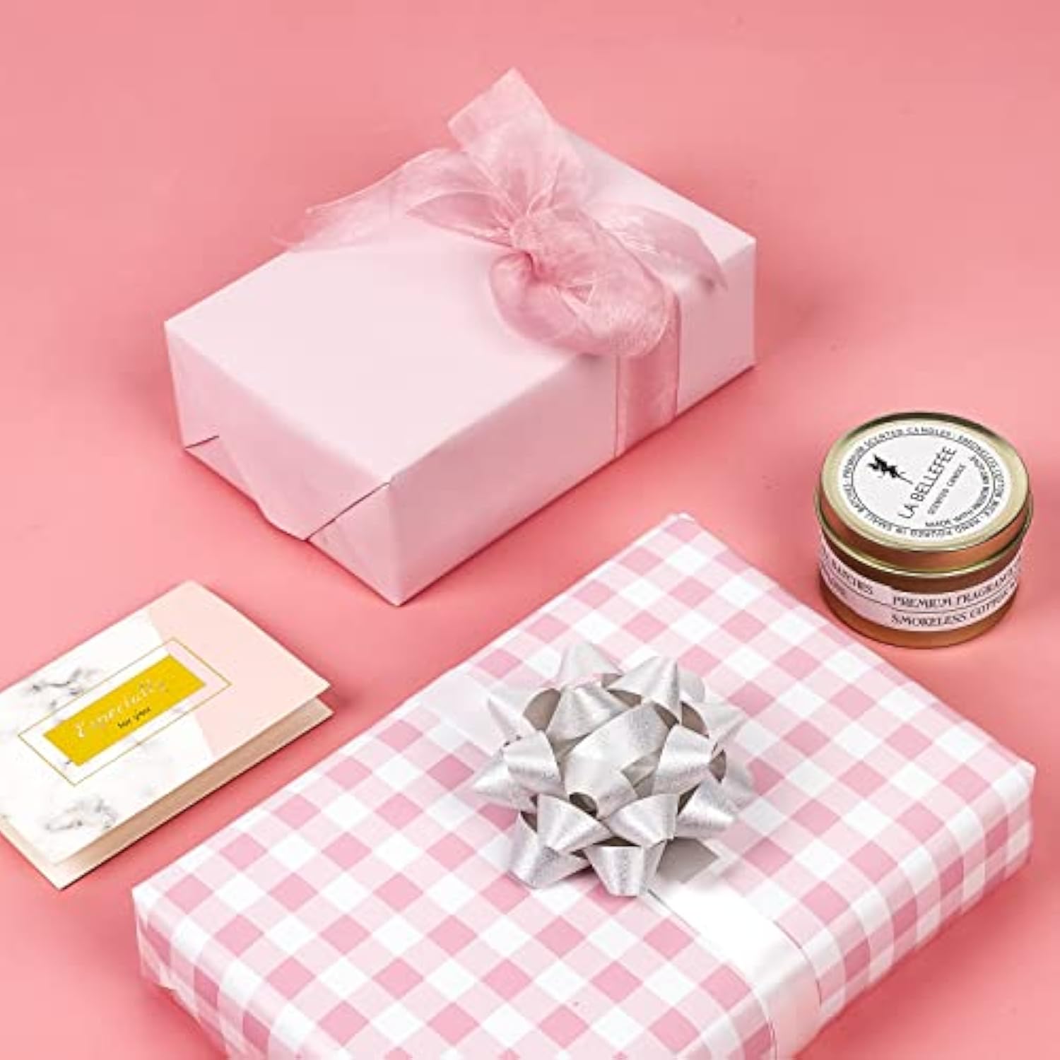 Reversible Wrapping Paper - Mini Roll - 17 Inch X 33 Feet - Pink And White Plaid Design For Birthday, Holiday, Wedding, Baby Shower