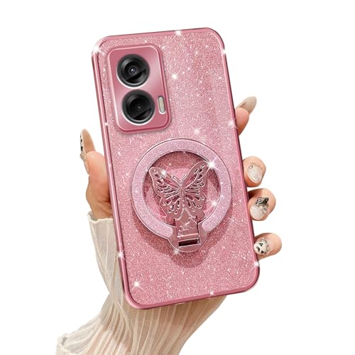 Phone Case For Motorola Moto G Stylus 5G 2024 [Compatible With Magsafe] With Butterfly Kickstand & Lanyard Soft Tpu Bling Shockproof Protection Cover For Moto G Stylus 5G 2024 Case, Rose Gold
