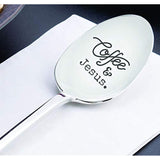 Coffee And Jesus Stainless Silver Engraved Spoon | Religious Wedding Present | Pastor Gift Idea | Love Of Parents - Children Son/Daughter | Spiritual Holy Gift For Christmas Coffee Lovers - 7 Inch