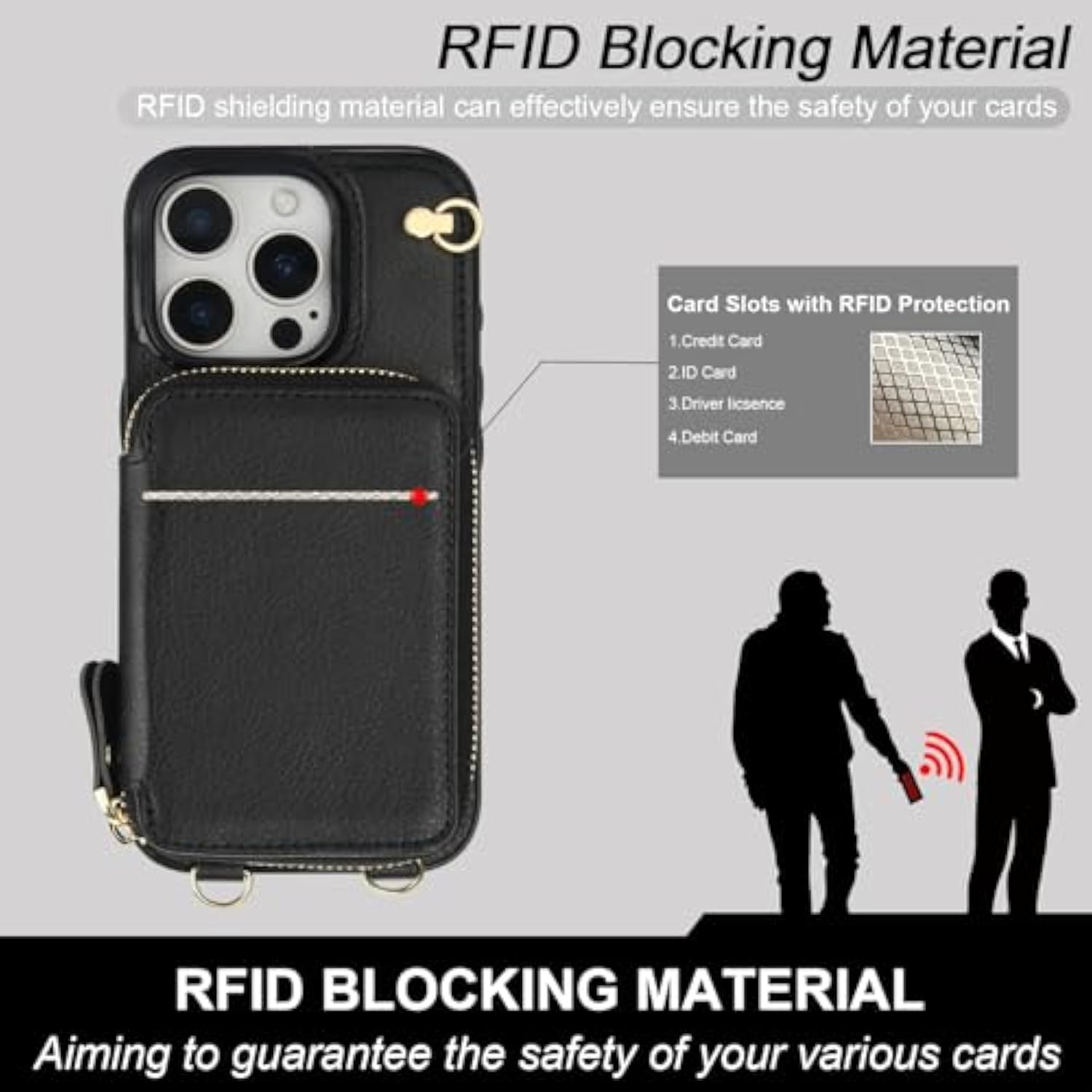 Crossbody Wallet Case For Iphone 16 Pro, Rfid Blocking Leather Purse Case With Card Holder, Protective Handbag Flip Cover With Zipper Wrist Strap Lanyard For Women 5G 6.3 Inch (Black)