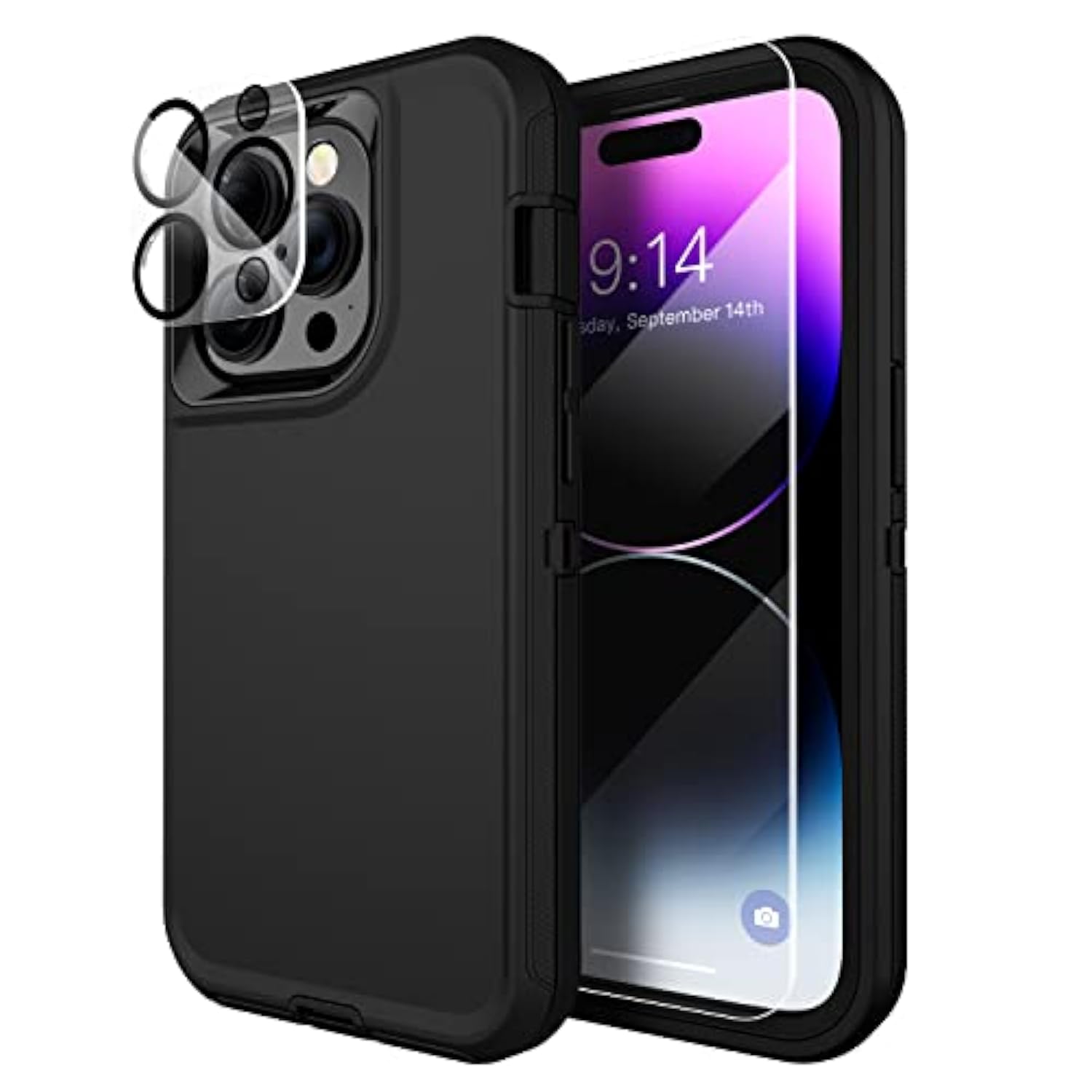 Heavy Duty Made For Iphone 14 Pro Case With Tempered Glass Screen, Camera Lens Protector 3-Layer Full Body Protection Shockproof Dustproof Cover For 14 Pro Phone Case 6.1" (Black)