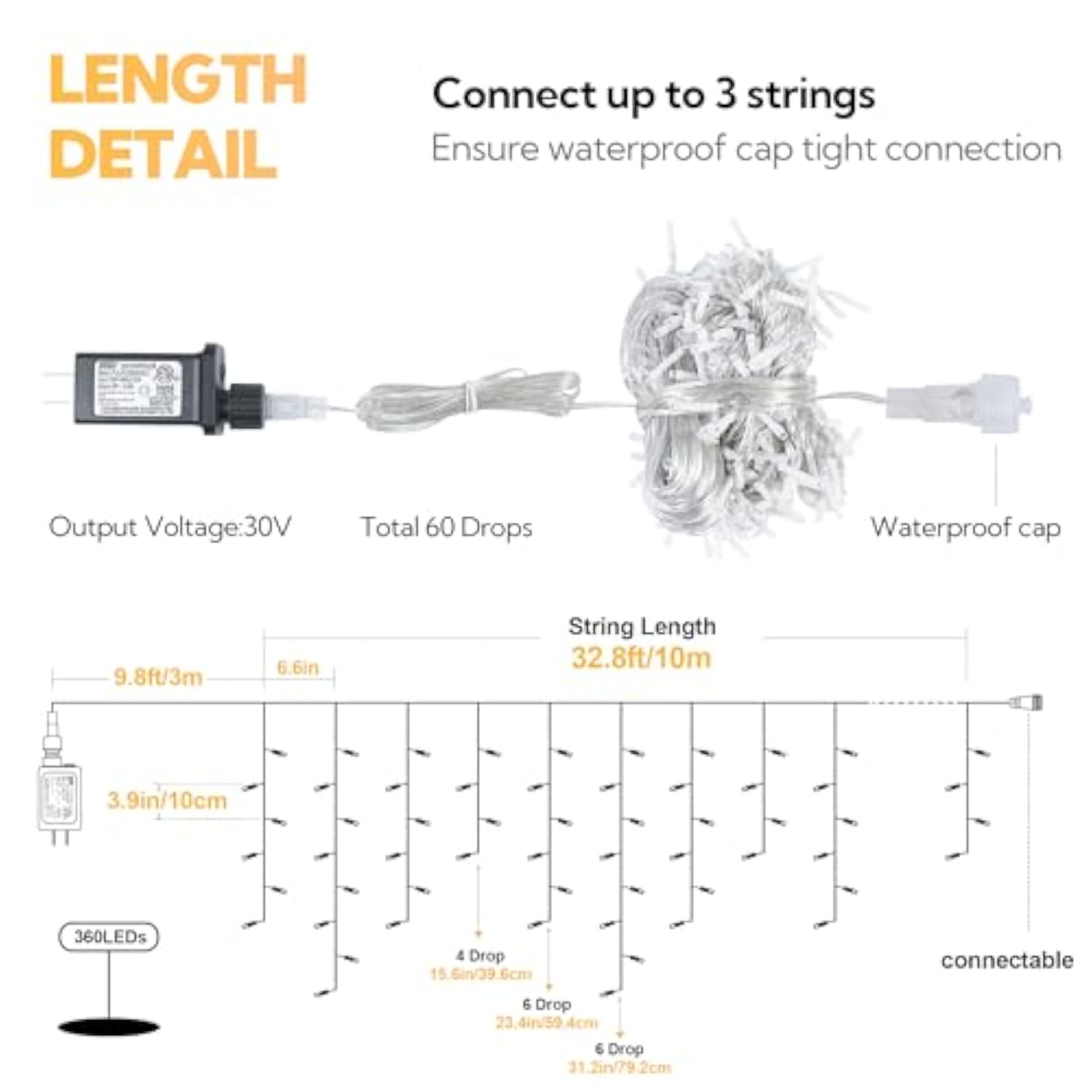 33Ft 360L Led Christmas Icicle Lights Outdoor Waterproof,8 Modes Plug In Curtain String Lights With 60 Drops,Christmas L