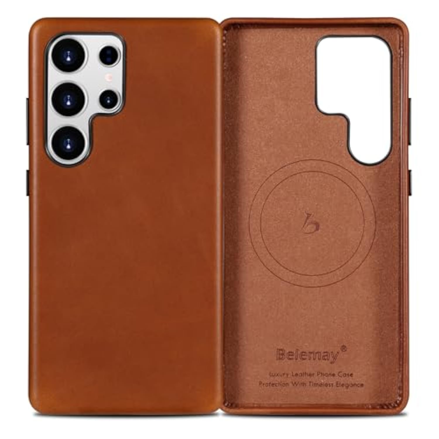 Leather Case For Samsung Galaxy S25 Ultra Compatible With Magsafe, Premium Full-Grain Vegetable-Tanned Leather, Rich Patina, Secure Grip, Metal Buttons, Smooth & Luxury Cover, Saddle Brown