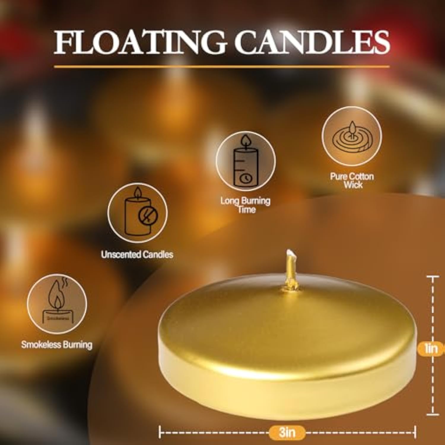 3 Inch Floating Candles 36 Packs Gold Floating Candle For Centerpieces 8-9 Hours Floating Candles 3” Water Candles For Cylinder Vases, Pool, Wedding, Christmas