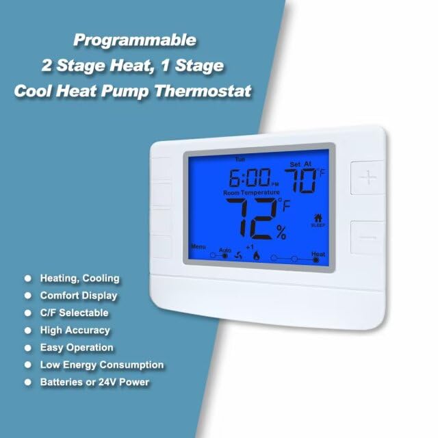 Programmable Thermostat For House, 2 Heat/1 Cool, Extra Large Display, Blue Backlight