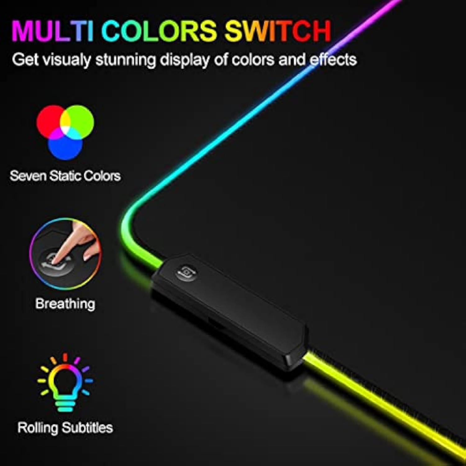 Talk Works Extra Large Rgb Gaming Mousepad - Non-Slip Rubber Base, Micro-Textured Durable Cloth, 7 Colors, 14 Lighting Modes, On/Off Light Switch, Usb Device Interface - 12 X 31.5 Inches, Black