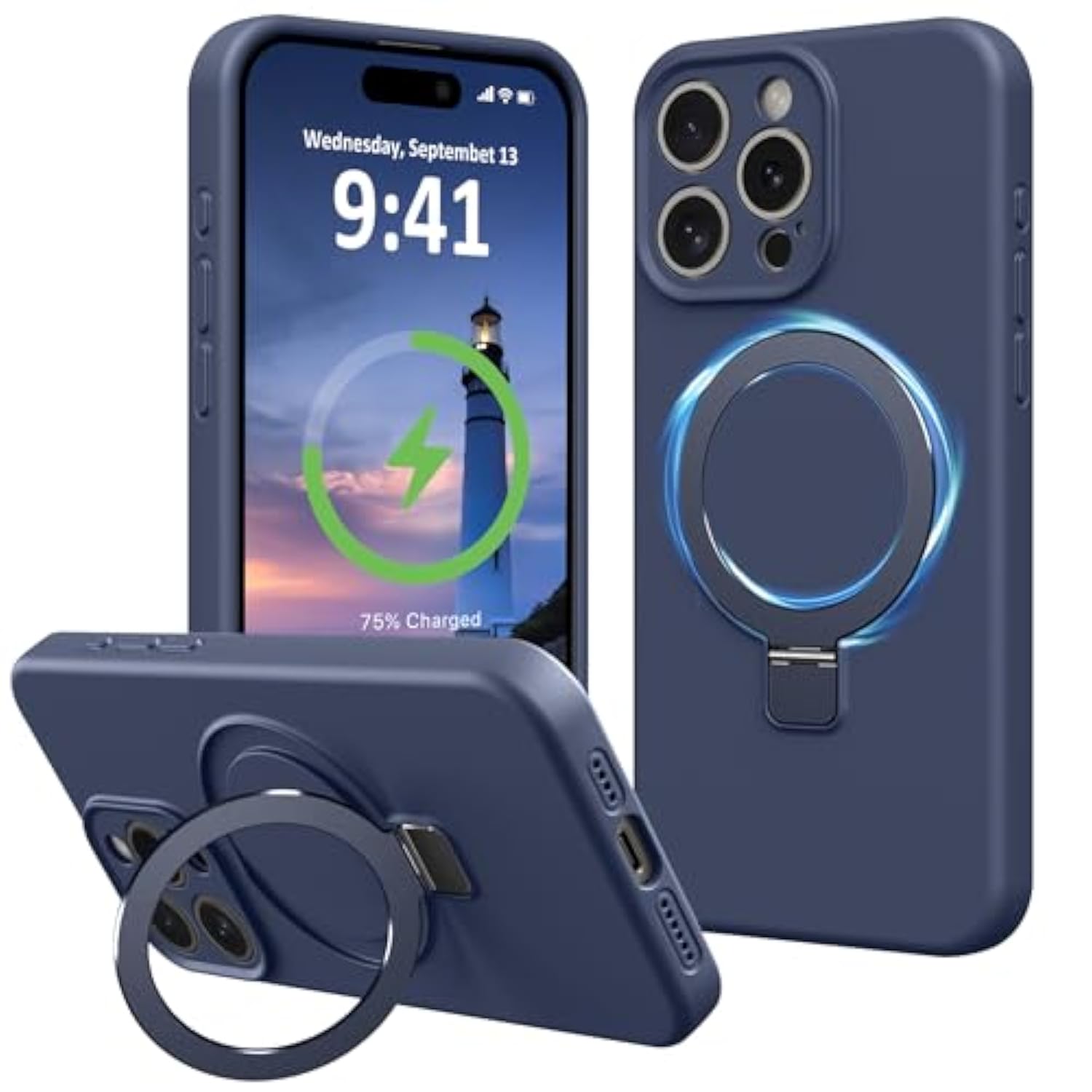 Compatible With Iphone 13 Pro Max Case Stand, Slim Full Camera Protection Liquid Silicone Phone Case Suitable For Iphone 13 Pro Max Compatible With Magsafe Ring Magnetic Kickstand, Dark Blue