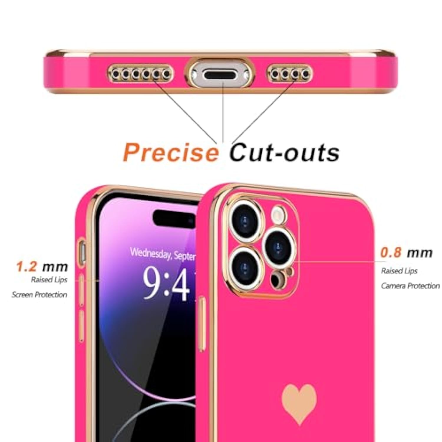 Compatible With Iphone 14 Pro Case For Girl Women Cute Love-Heart Luxury Bling Soft Back Cover Raised Camera Protection Bumper Silicone Shockproof Phone Case For Iphone 14 Pro, Hot Pink